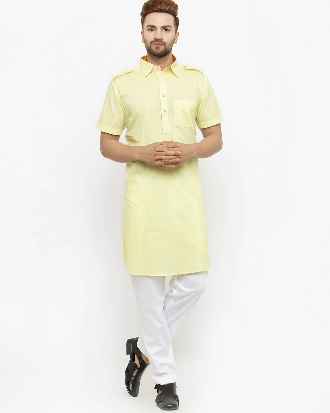 ChitwanMohan Mens Yellow Long Kurta with Patch Pocket