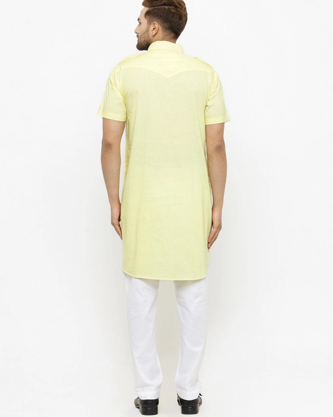 ChitwanMohan Mens Yellow Long Kurta with Patch Pocket