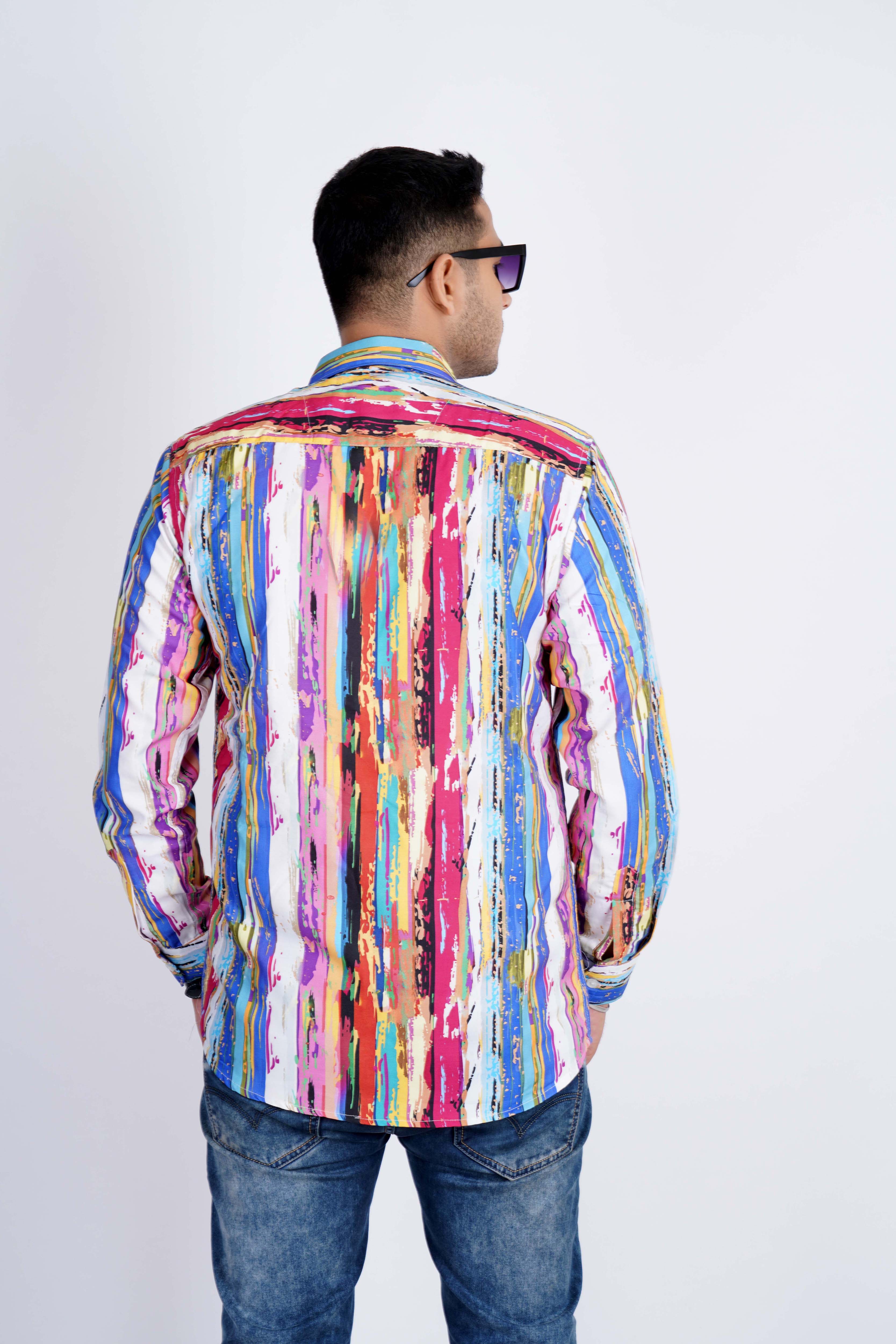 Rainbow Color Strips Hawaiin Print Shirt
