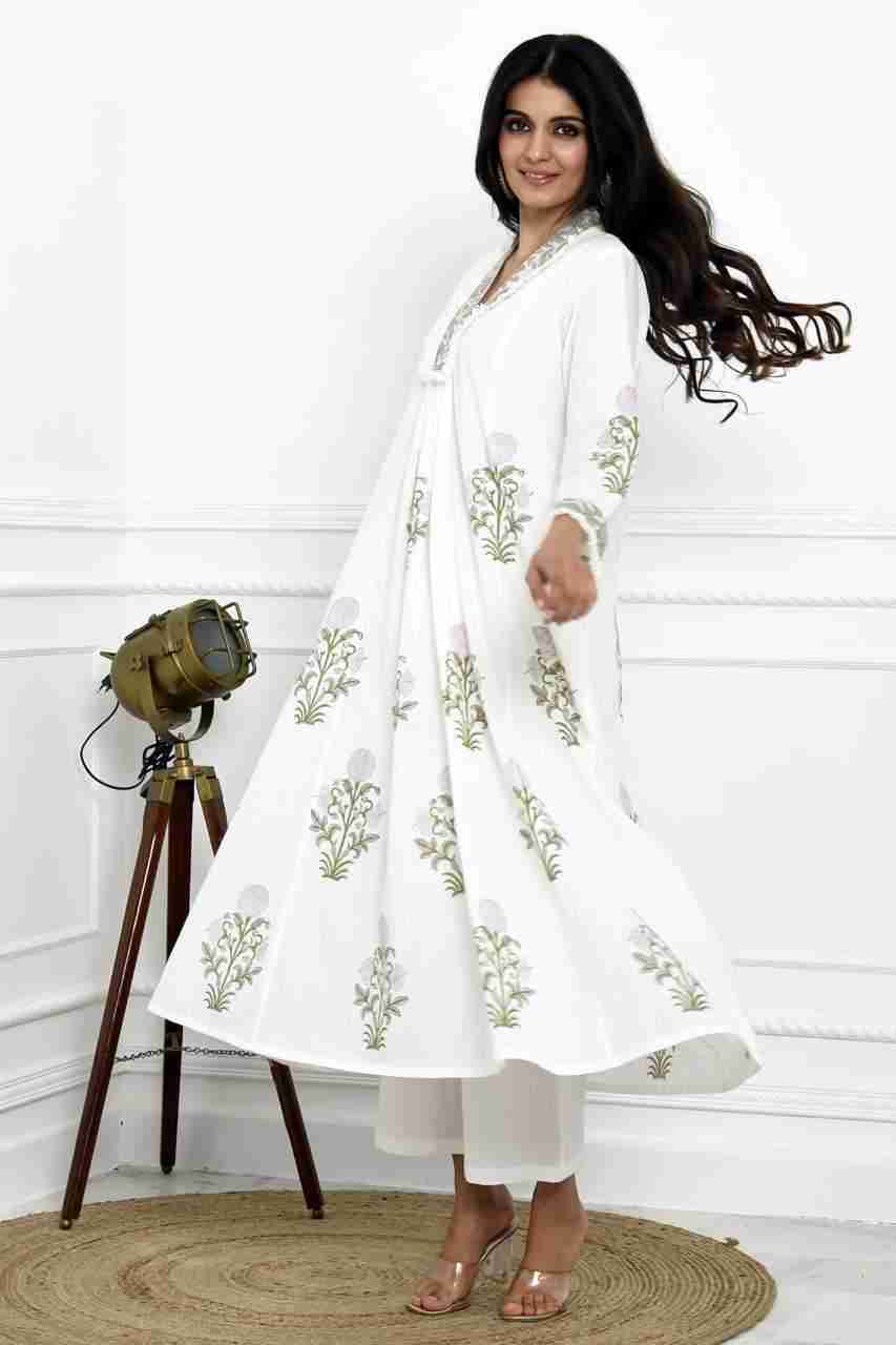 Naksh White Cotton Loose A-Line Kurta With Placement Block Printing