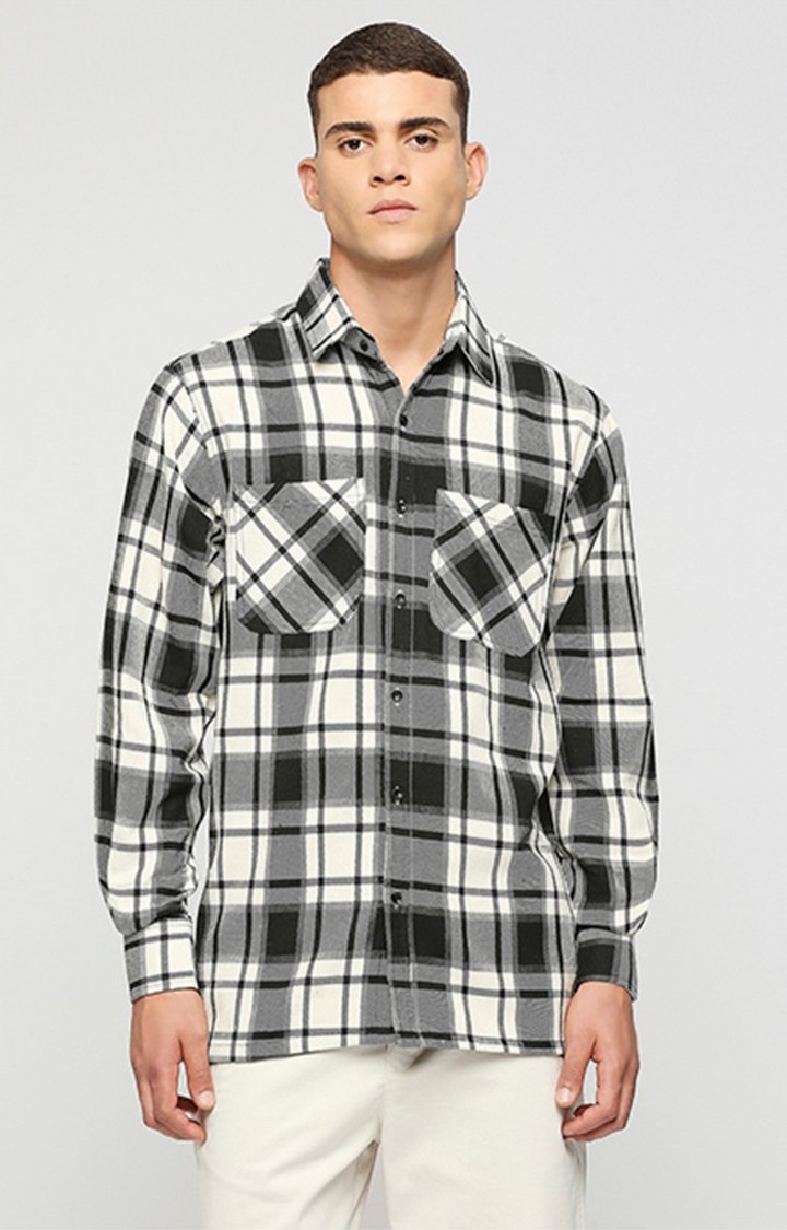 Men Cream and Black Checked Casual Shirts
