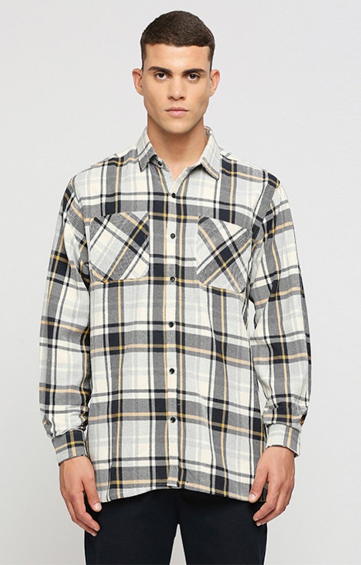 Men Beige and Grey Checked Casual Shirts