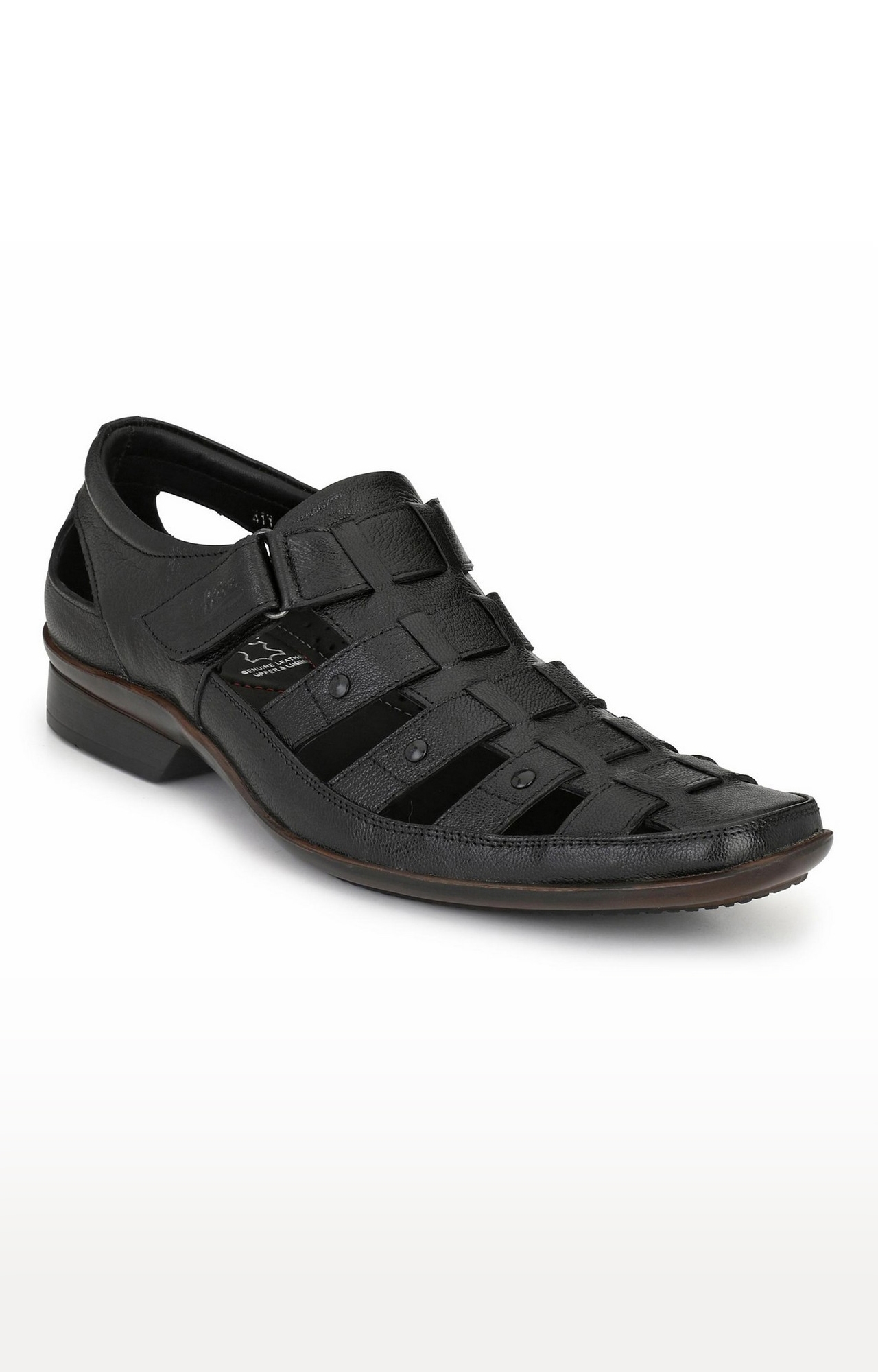 Hitz | Hitz Black Genuine Leather Sandal for Men with Velcro Fastening 0