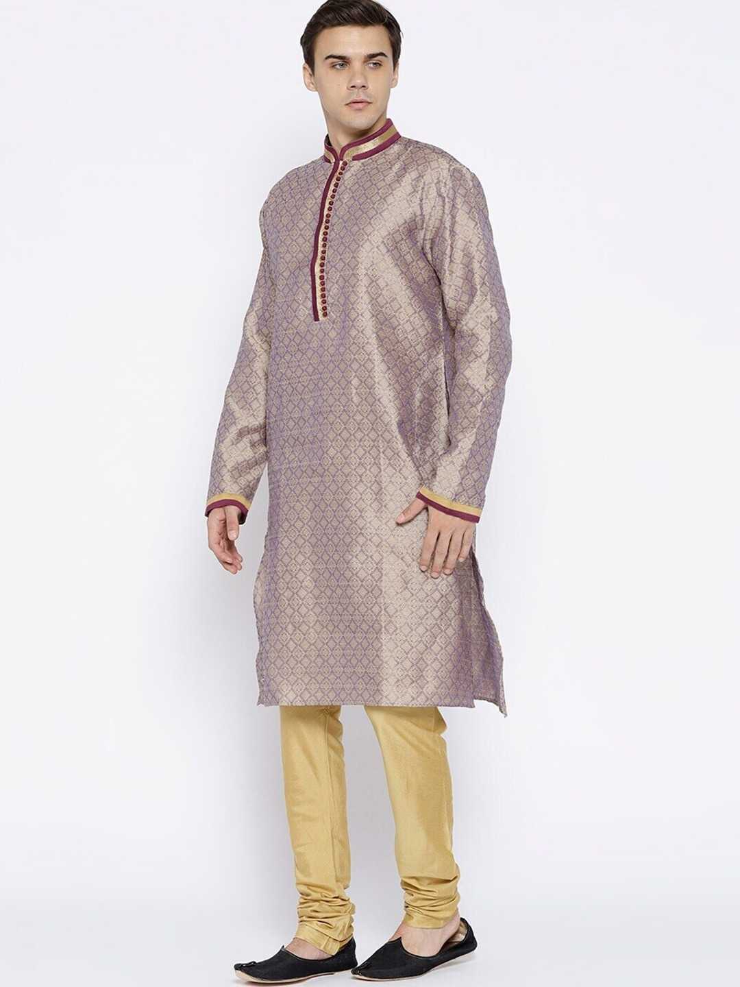Chitwan Mohan Men Purple Ethnic Motifs Layered Dupion Silk Kurti with Pyjamas