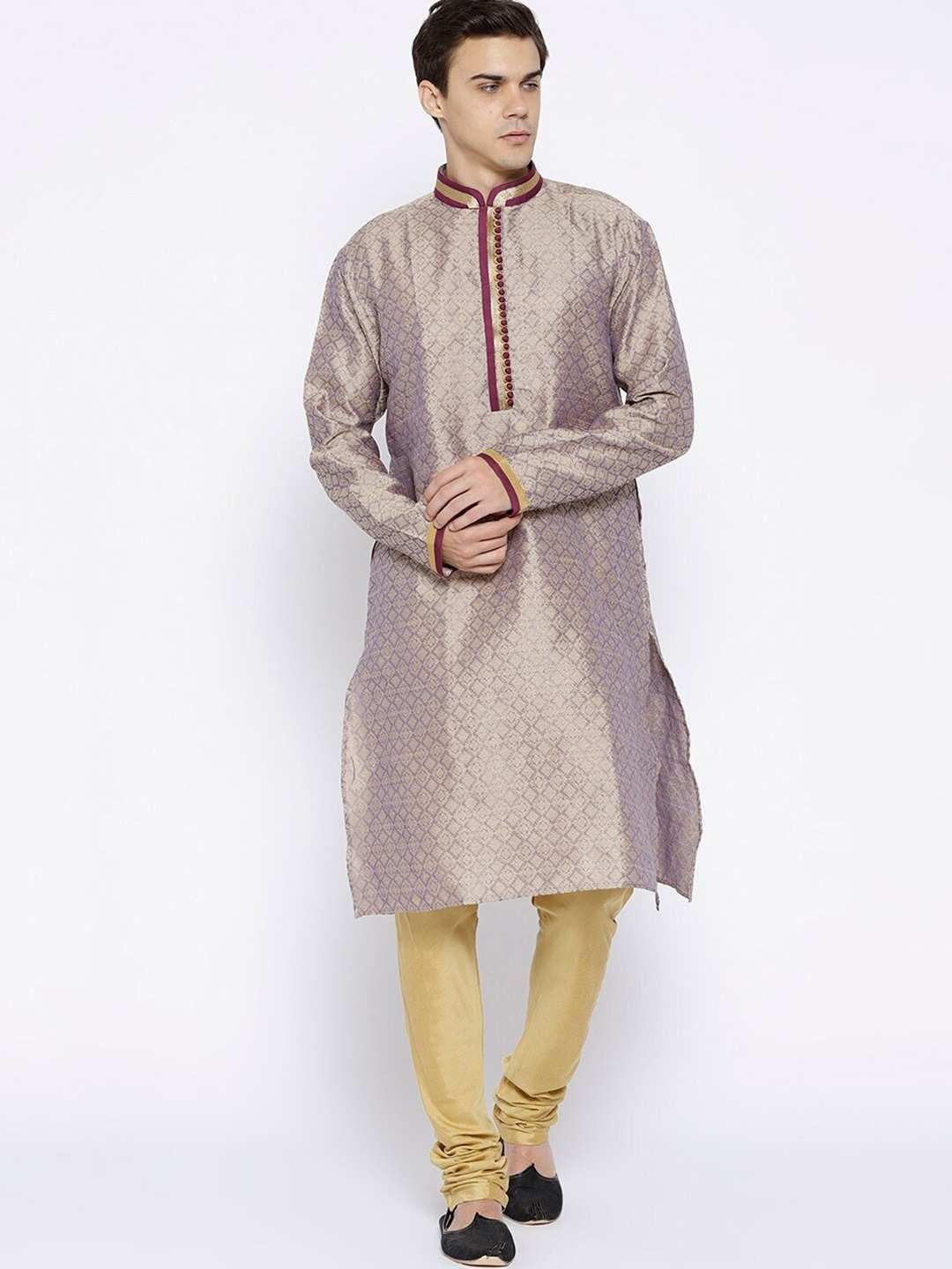 Chitwan Mohan Men Purple Ethnic Motifs Layered Dupion Silk Kurti with Pyjamas