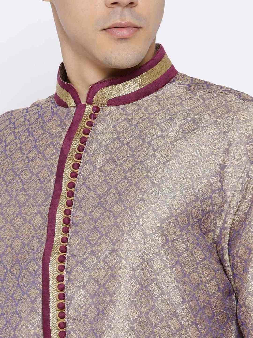 Chitwan Mohan Men Purple Ethnic Motifs Layered Dupion Silk Kurti with Pyjamas