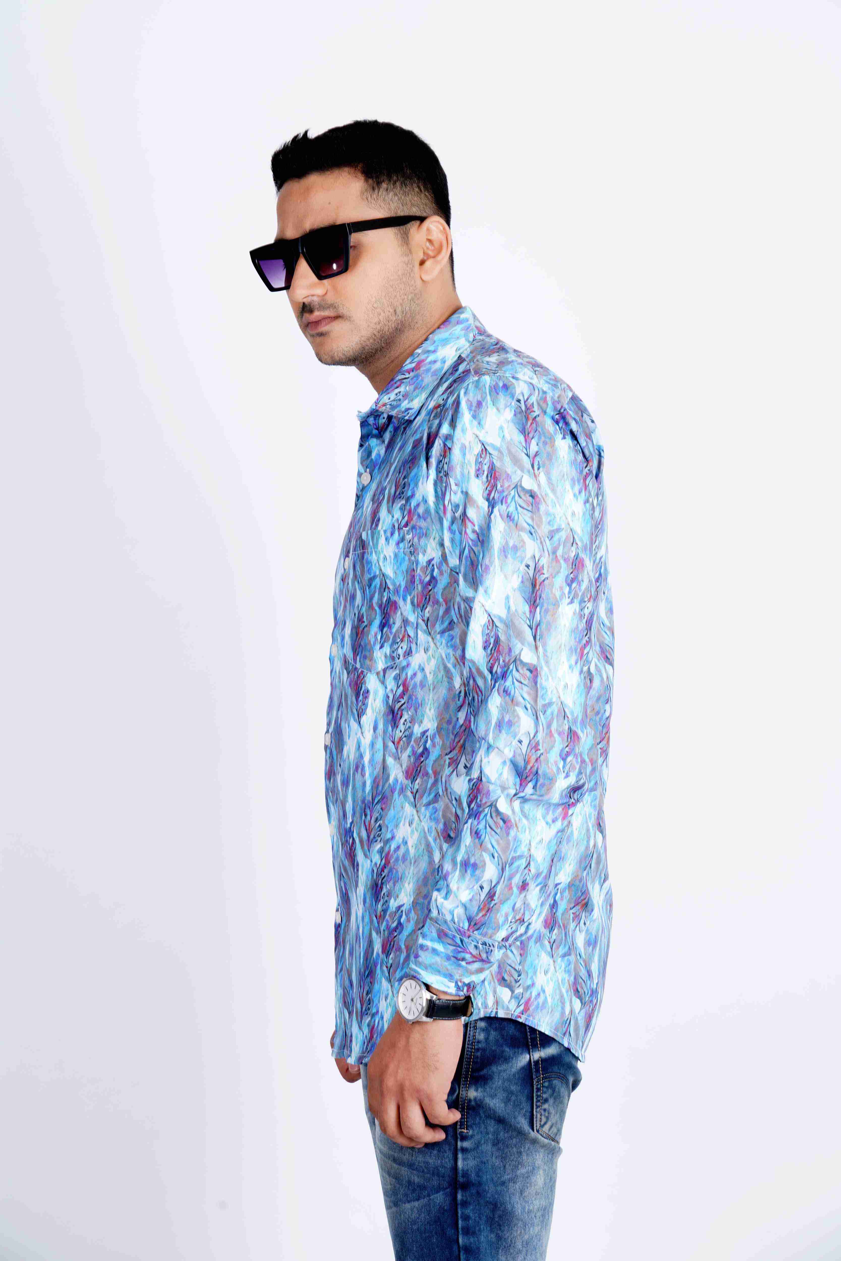 Blue Leaves Abstract Hawaiin Print Shirt