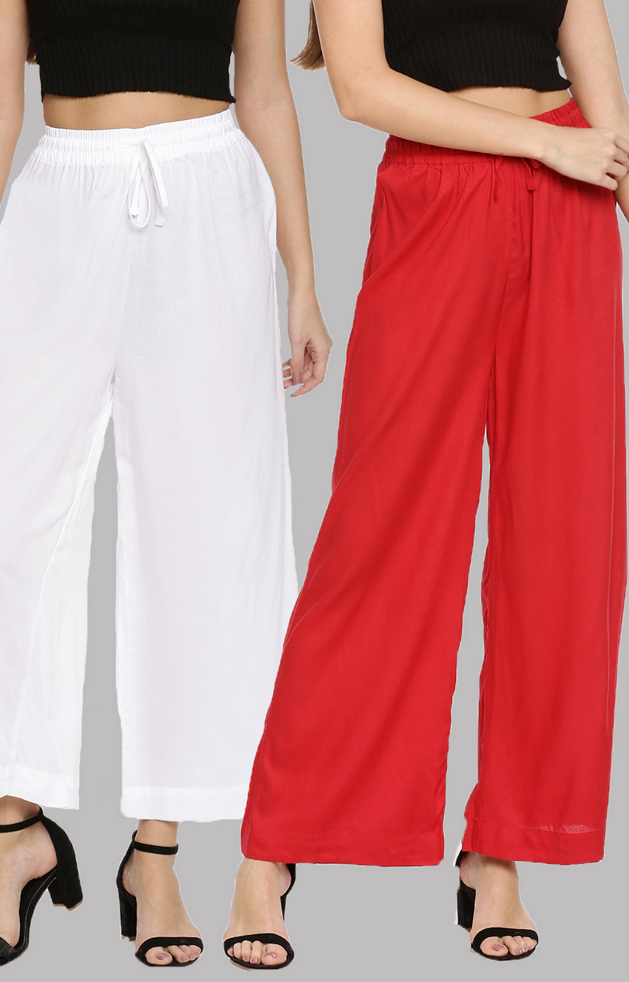 Twin Birds | Twinbirds Solid Pearl White & Lip Stick Wide Leg Palazzo - Pack Of 2 0