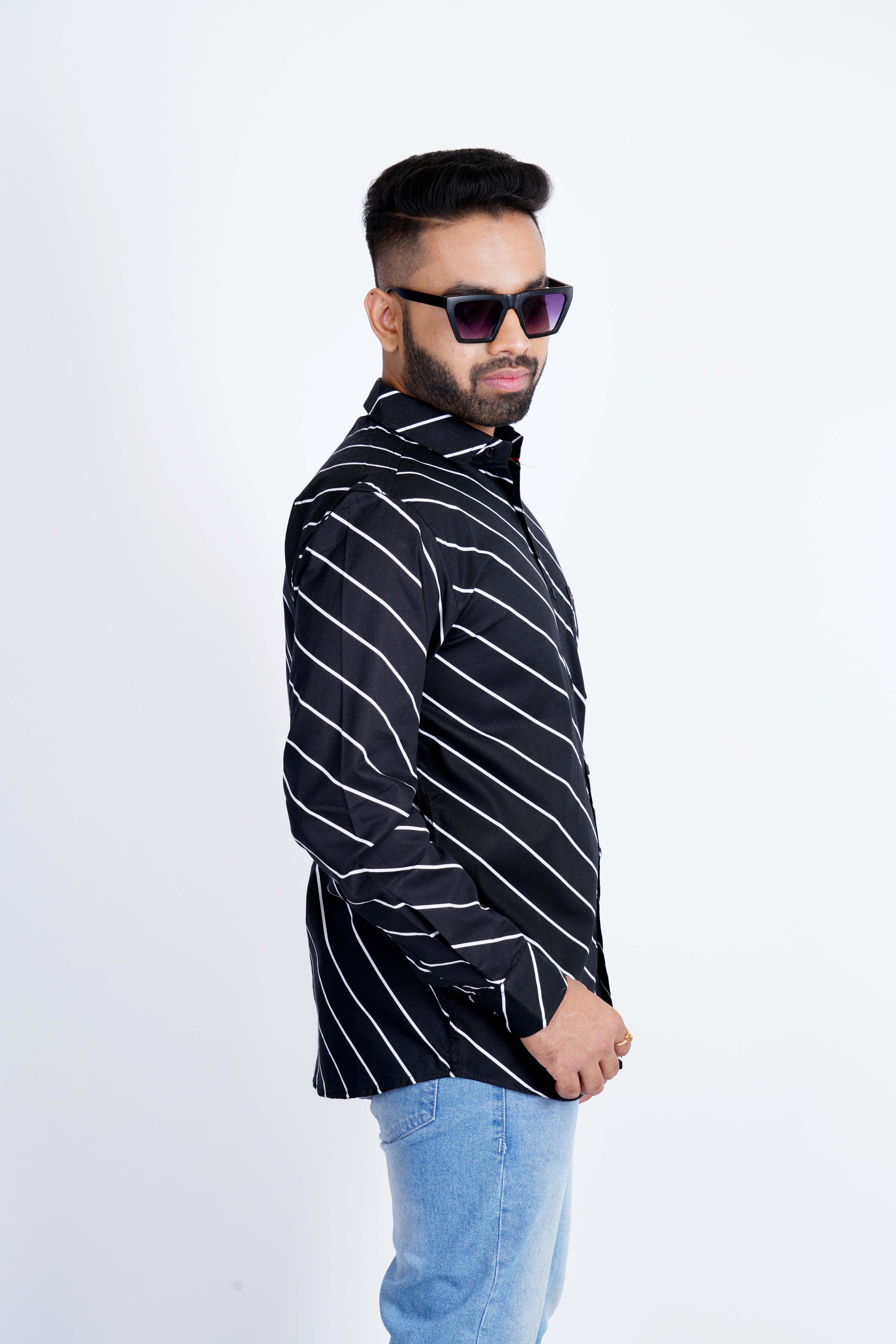 Black Cross Thin Strips Pure Cotton Softy Shirt