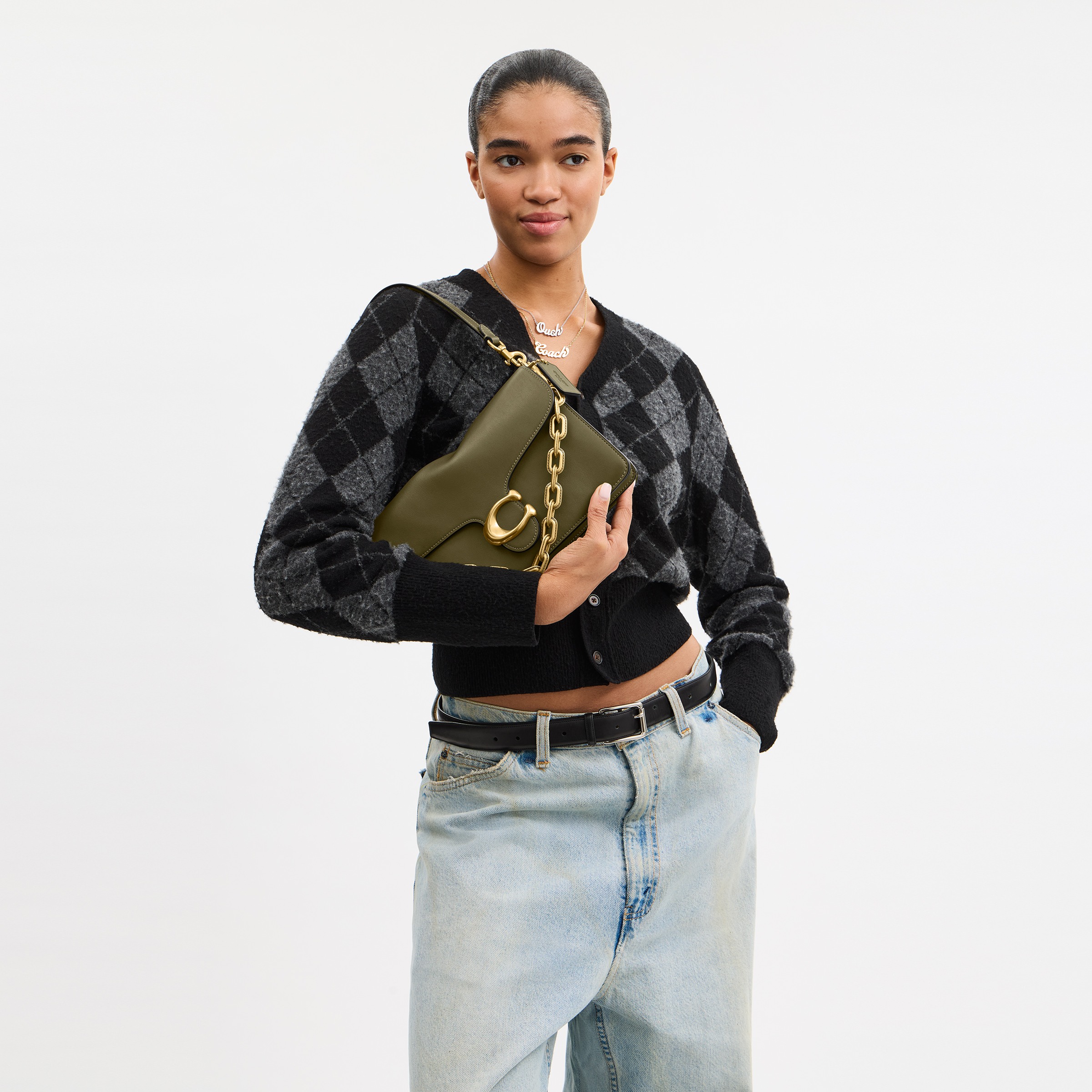 Soft Grain Leather Chain Tabby Shoulder Bag With Chain