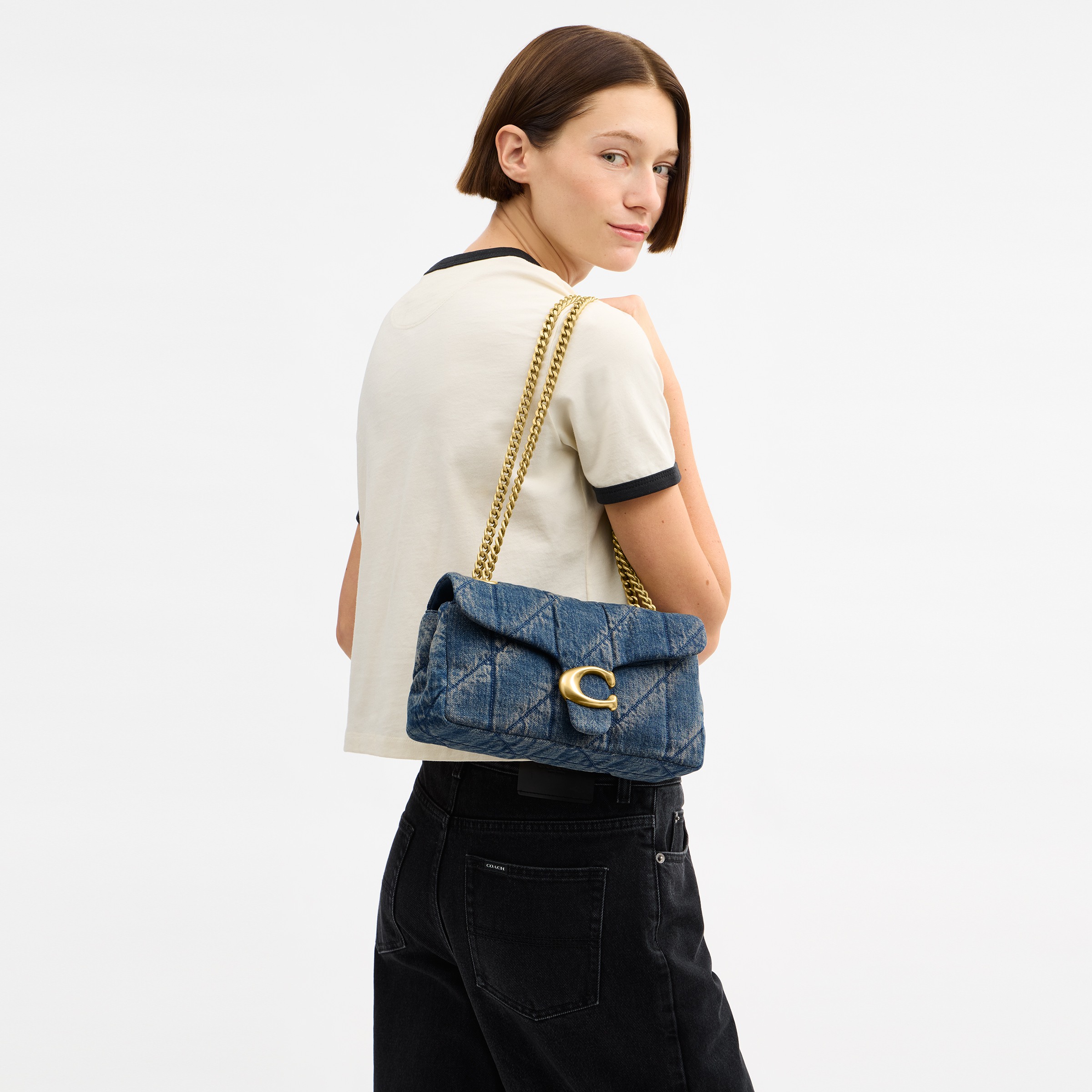 Tabby Shoulder Bag 26 In Regenerative Cotton Denim With Quilting