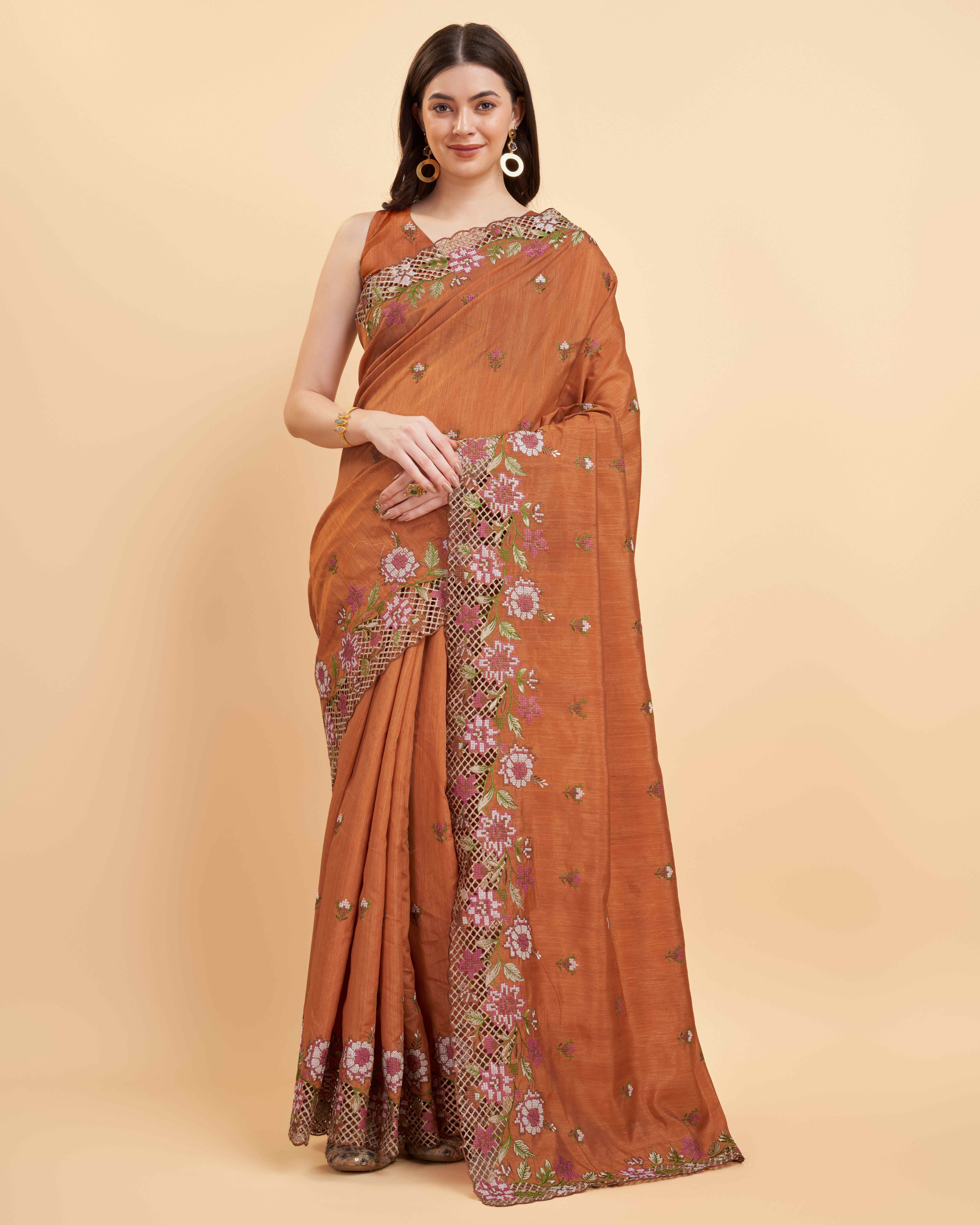 Tasarika Women Silk ORANGE Color Embroidery Saree