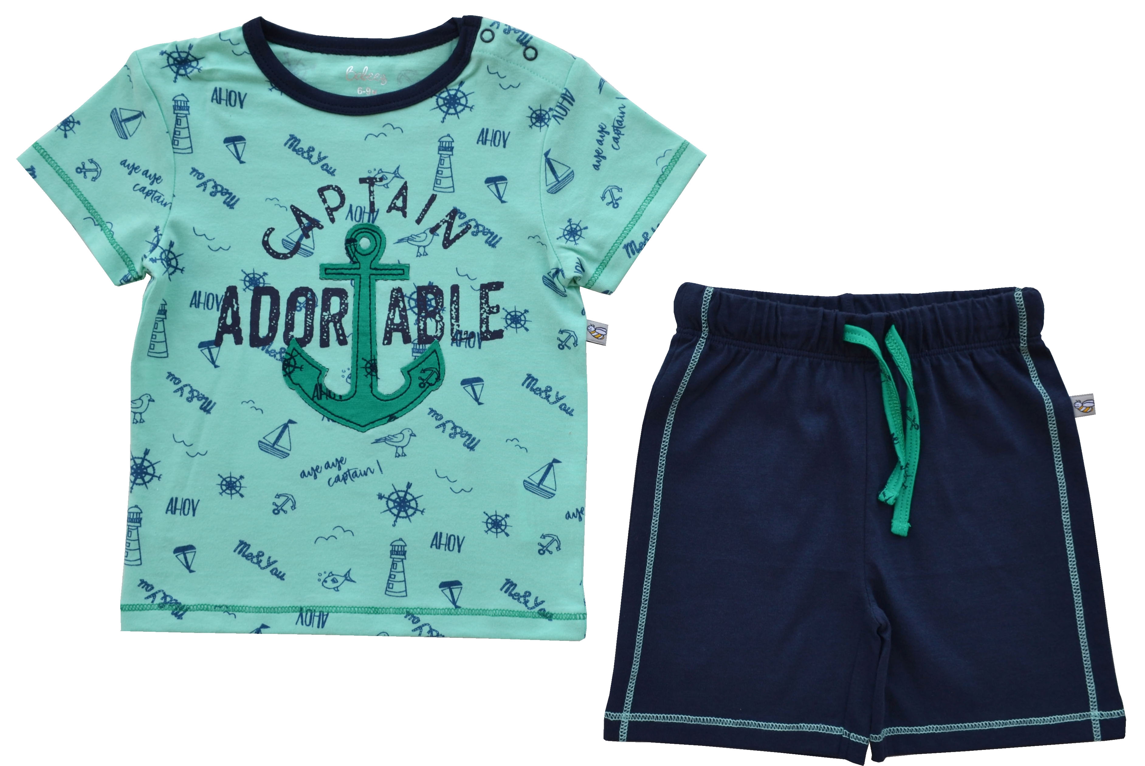 Babeez | Allover Print and Anchor Chest Print on Green T-Shirt + Navy Shorty Set(100% Cotton Single Jersey) undefined