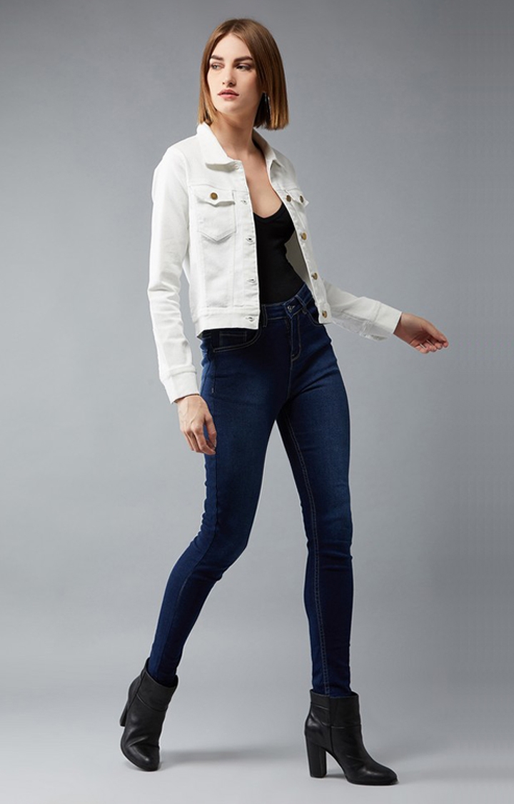 Women's White Cotton Solid Denim Jacket