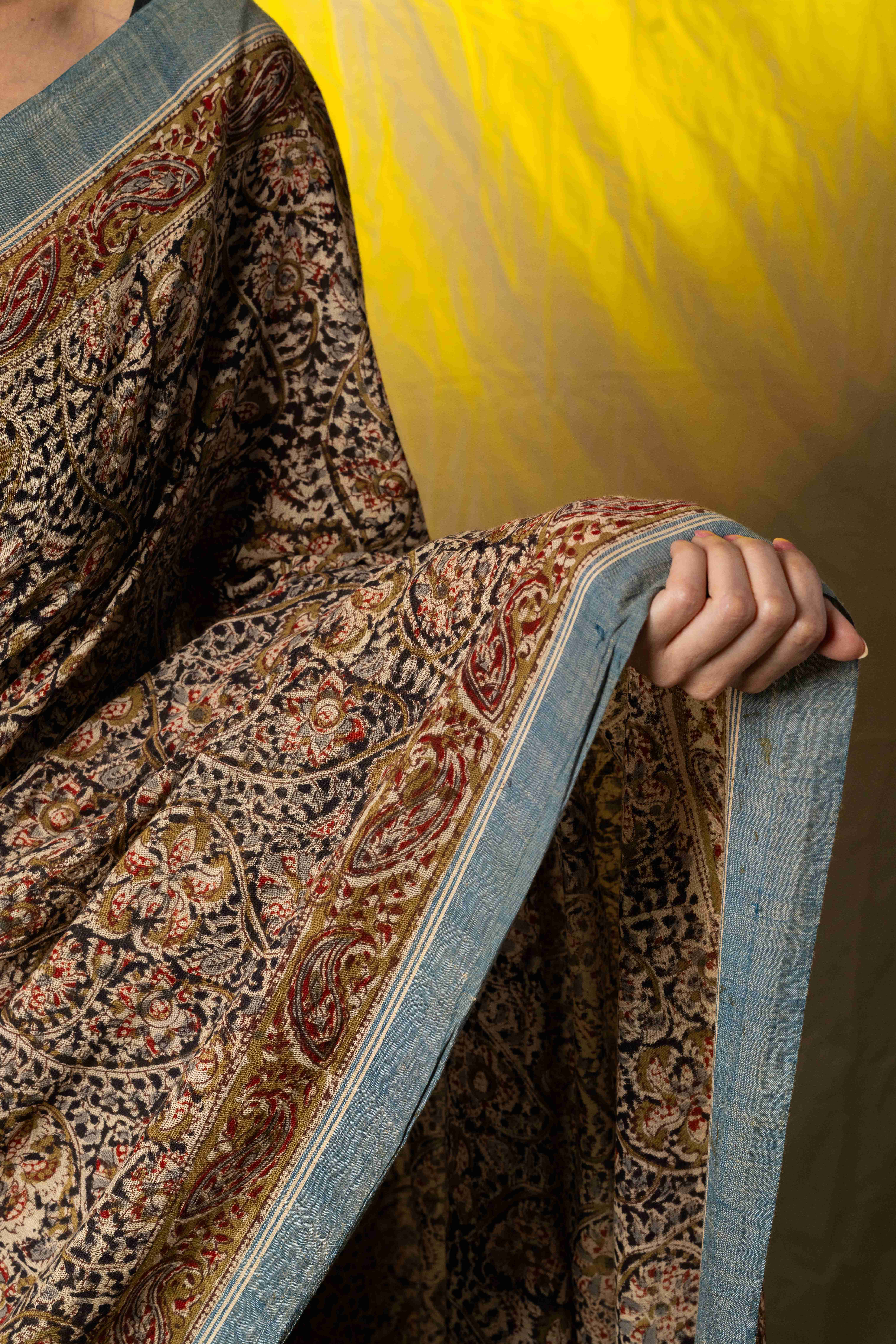 Green Handblock Printed Kalamkari Cotton Saree