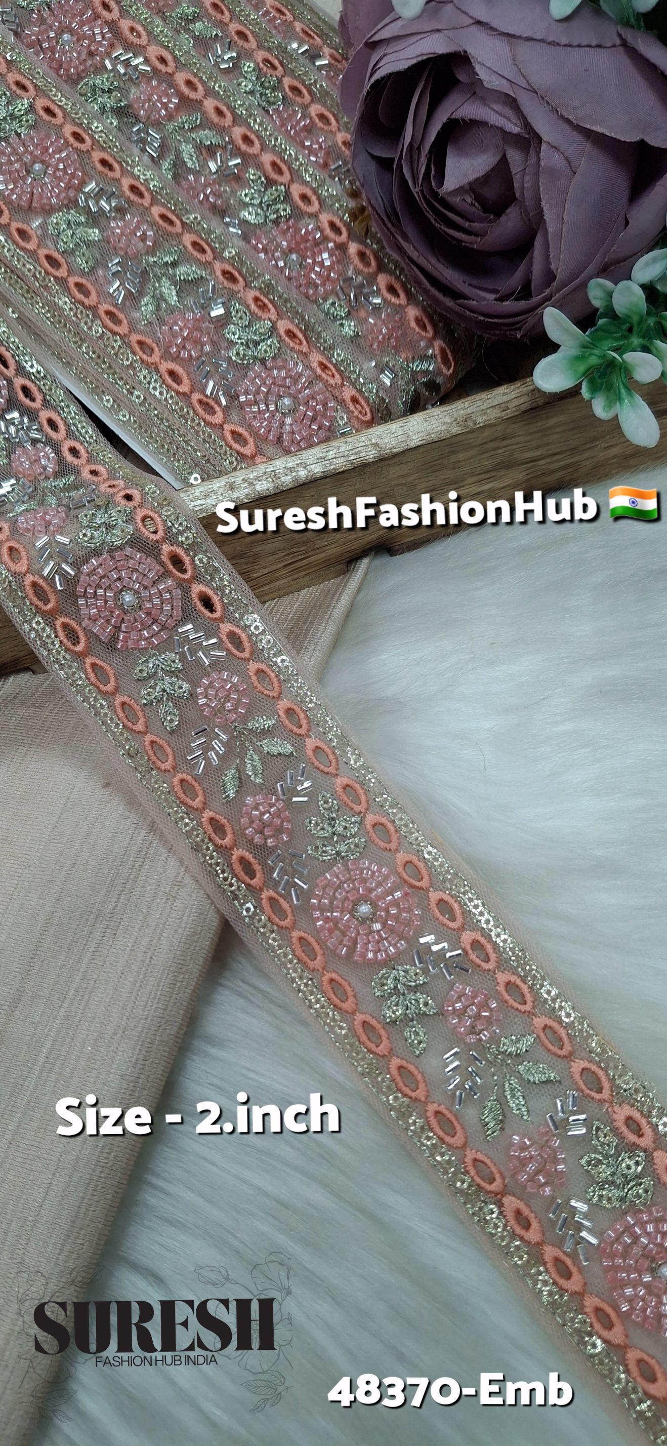 Dark Peach TwinCut Floral Net Embroidered Lace