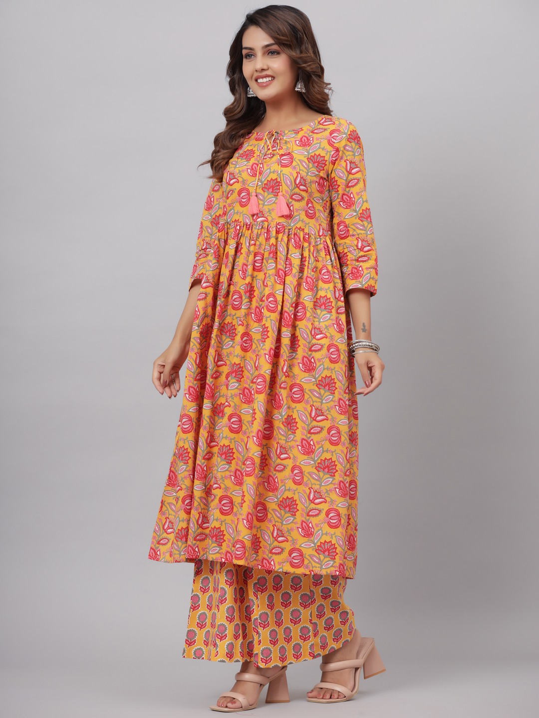 Floral Printed Tie-Up Neck Pure Cotton Kurta With Palazzo