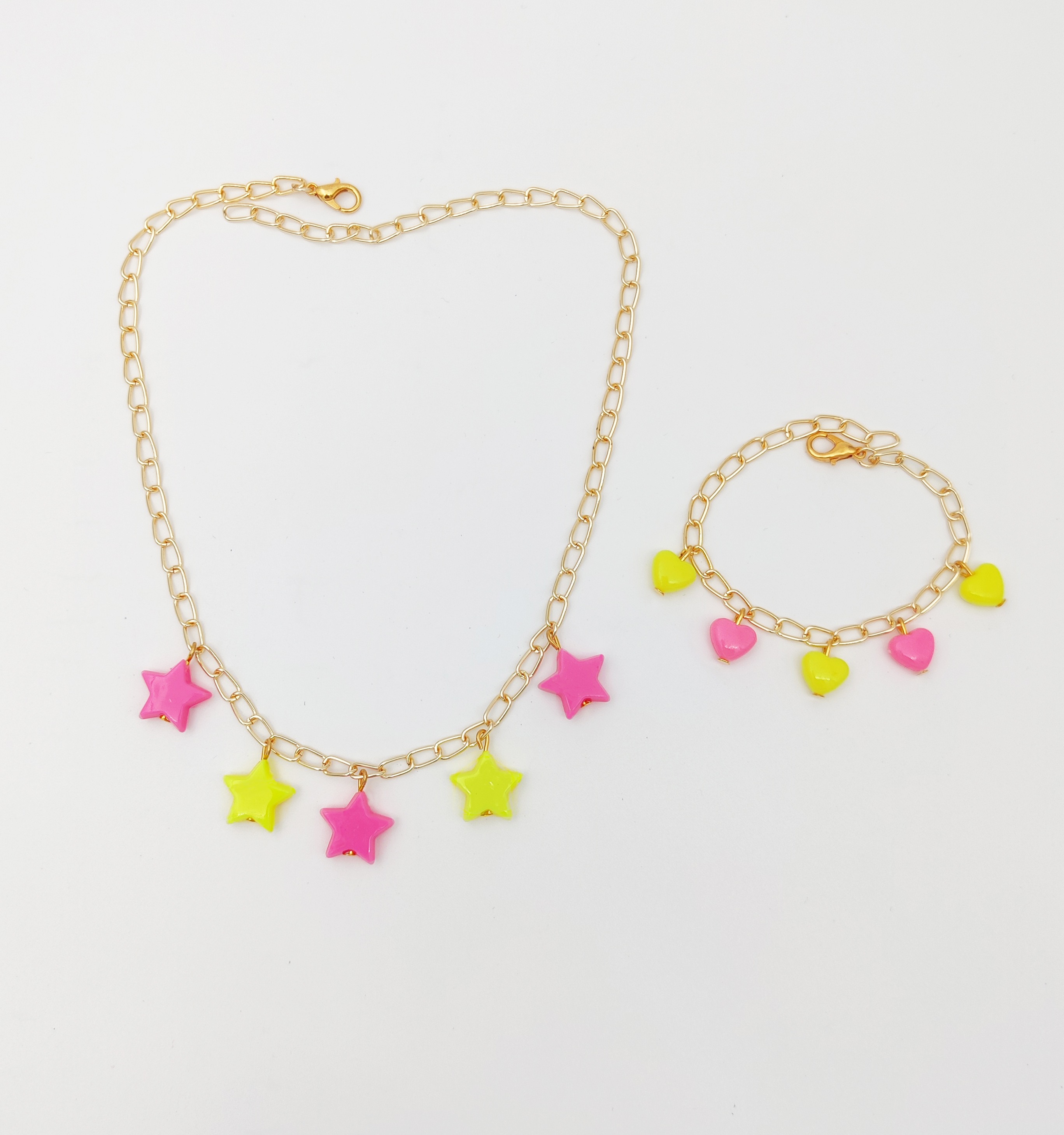 Lime By Manika | Star & Hearts Charms Necklace, Bracelet Set, Pink, Yellow undefined