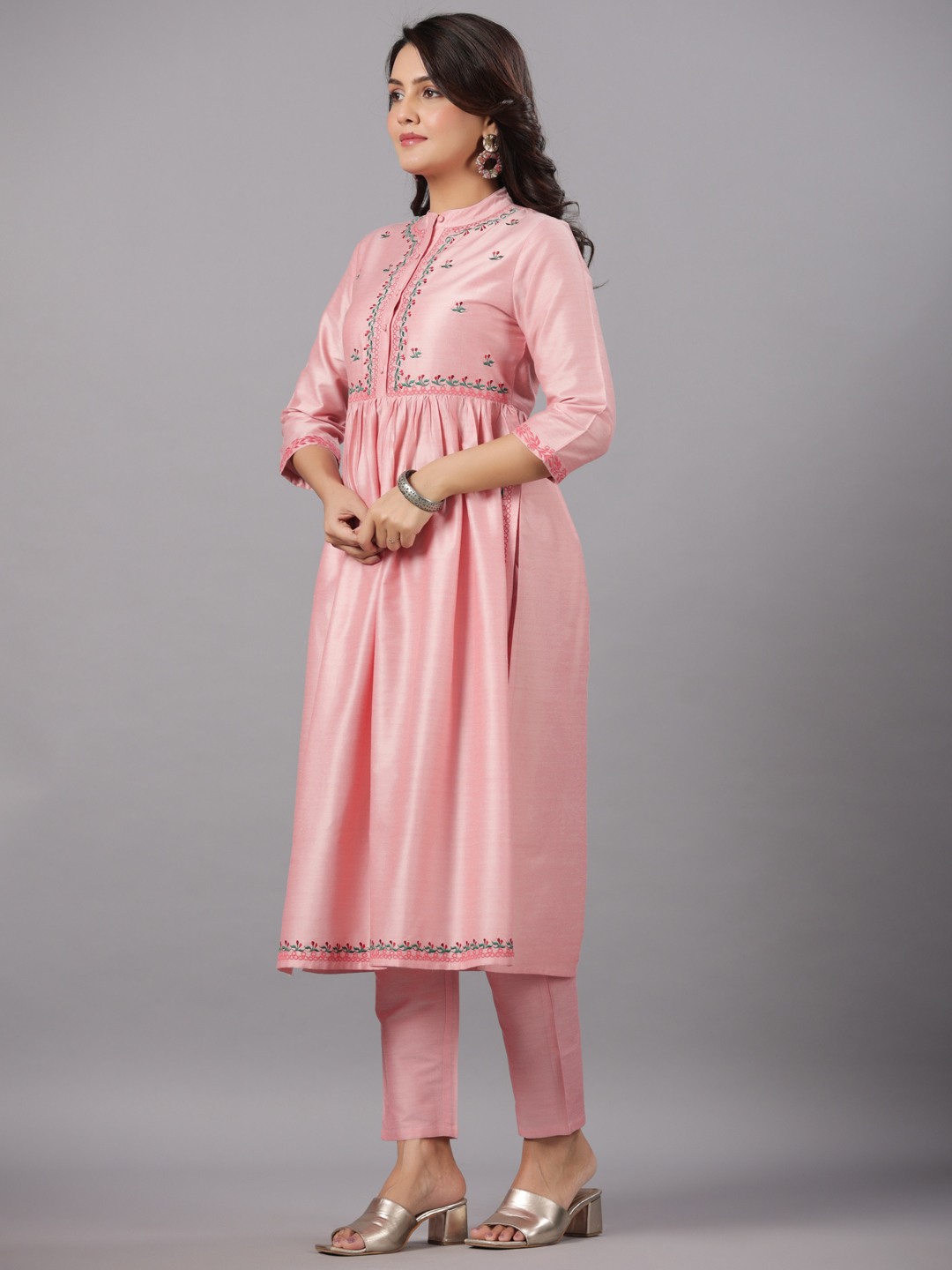Pst Embroidery Gathered Kurta With Solid Pant