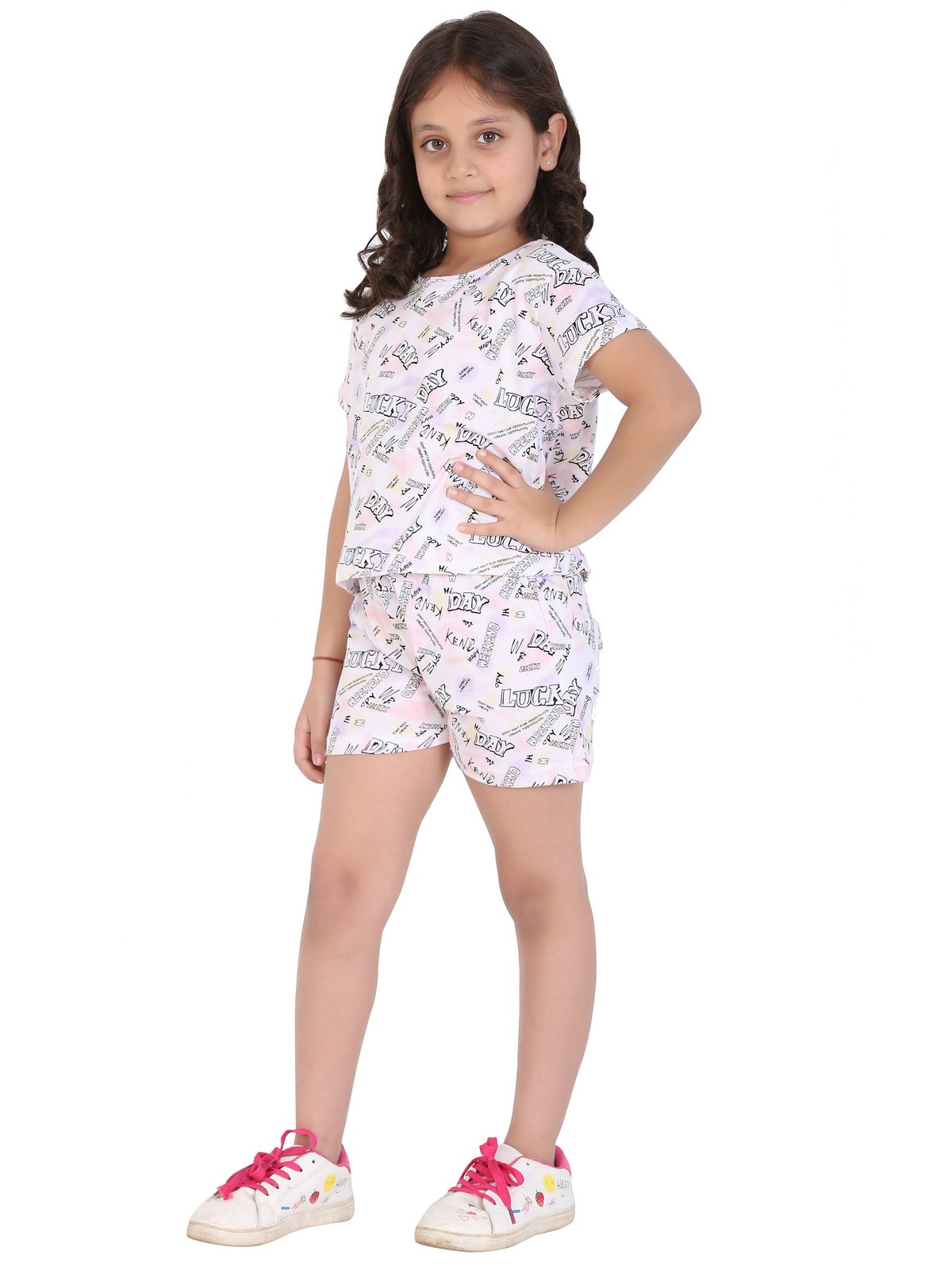 Ninos Dreams Girls Text Printed Cotton Half Sleeves Coord set with Shorts -Tie Dye
