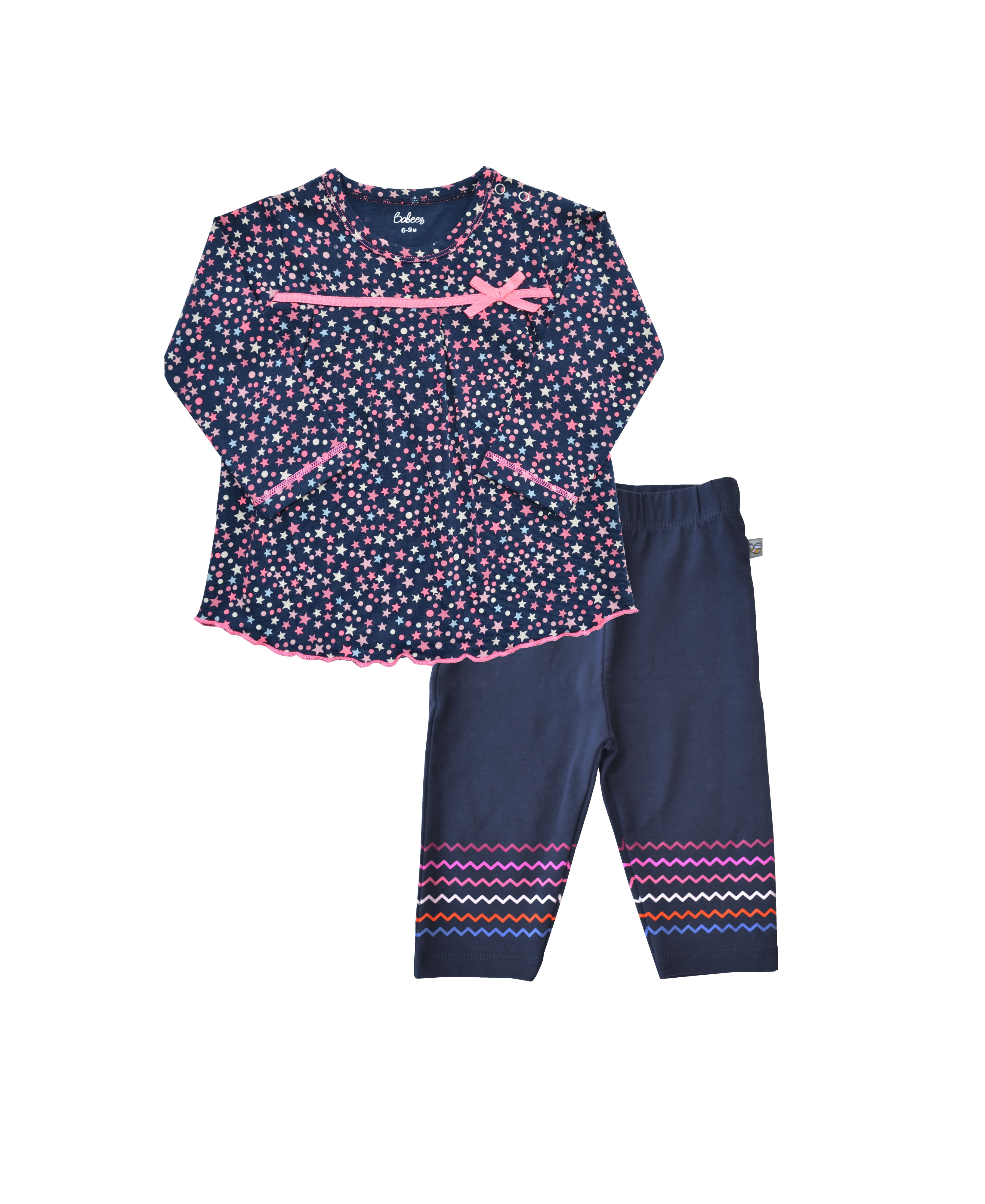 Allover Star Print on Navy Long Sleeves Top and Navy Legging with Wave Print at Bottom (95%Cotton 5%Elasthan Jersey)