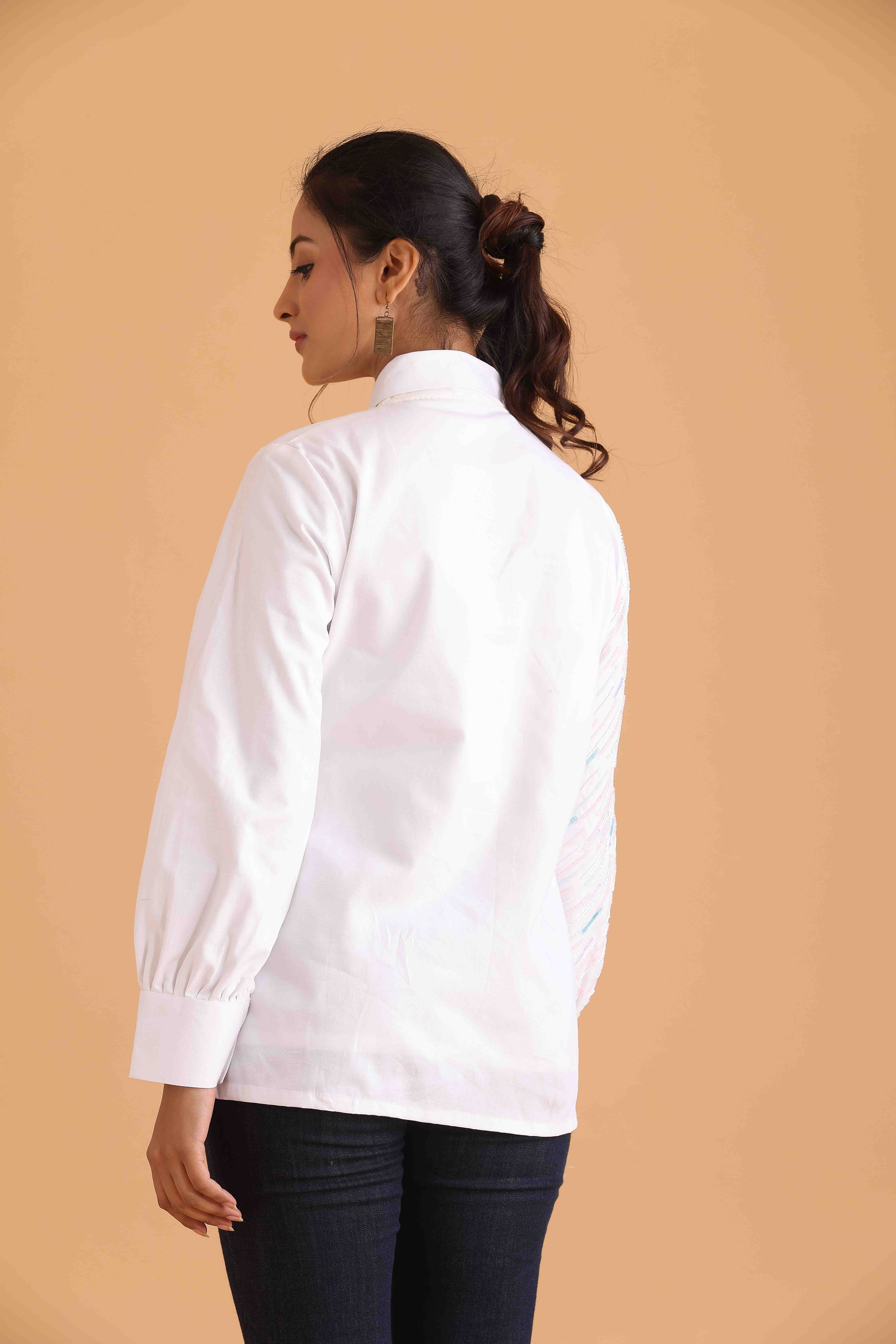 Asymmetric shirt with Textured Embellished Sleeve
