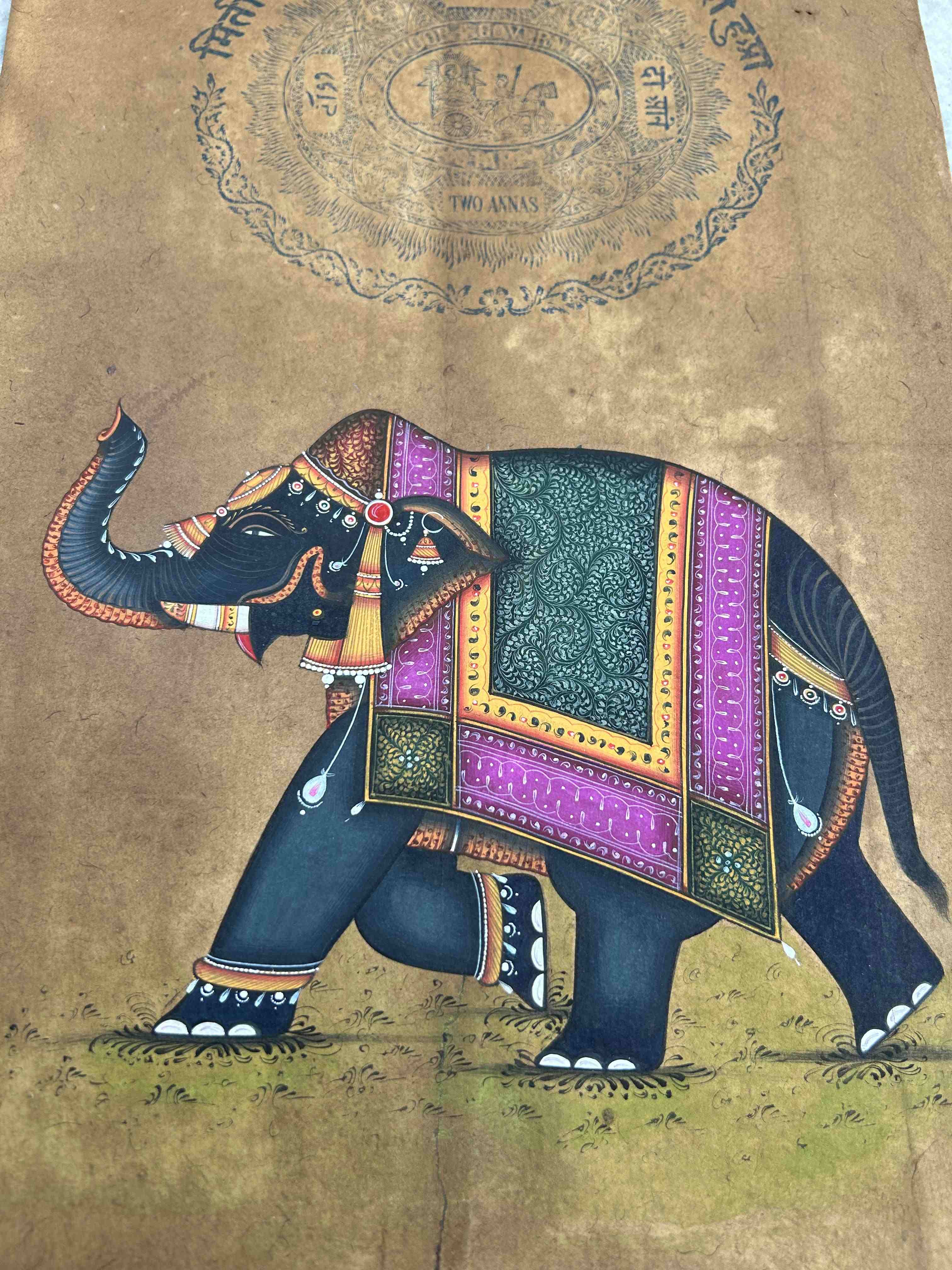 Elephant Miniature Painting On Old Stamp Paper