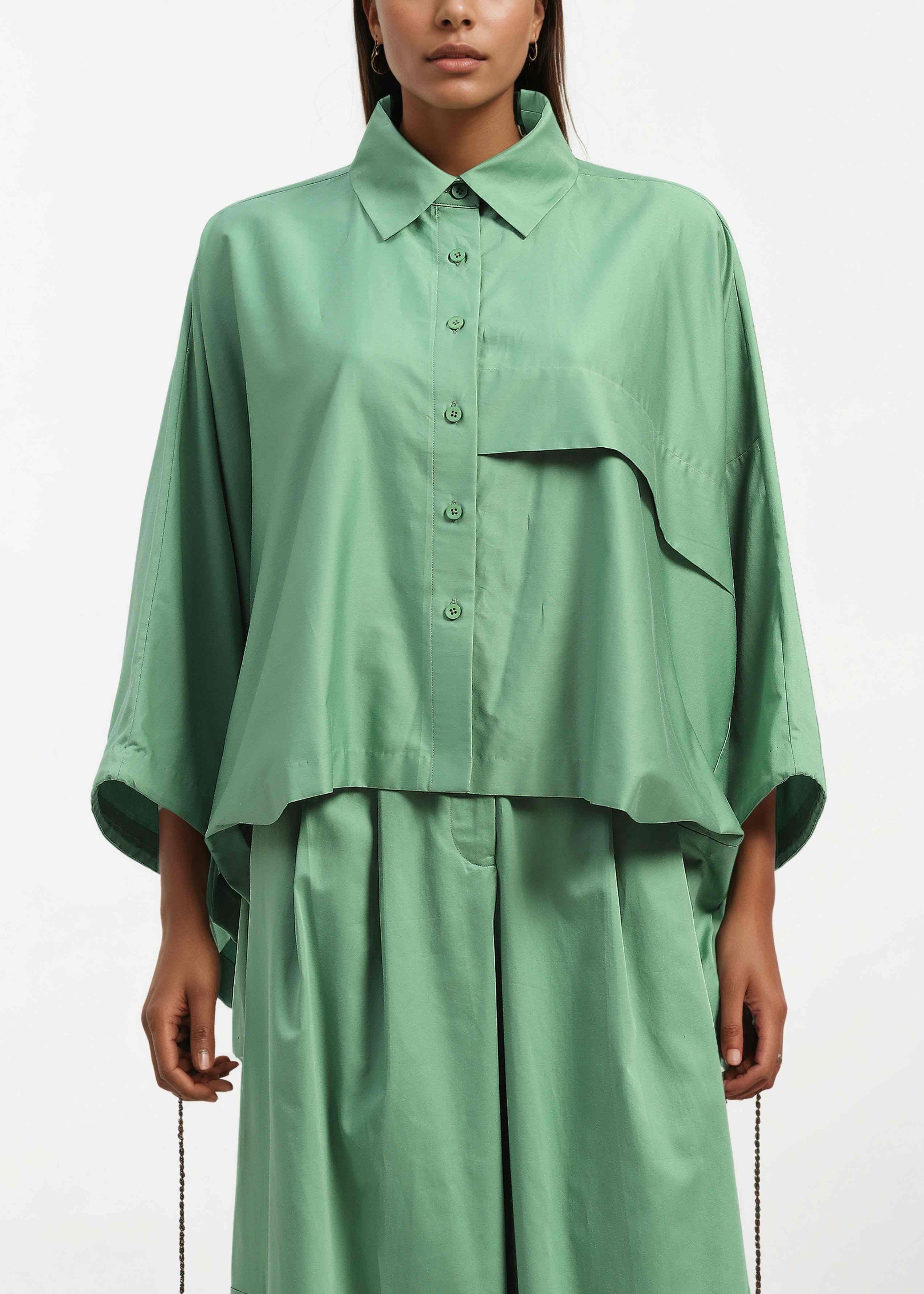 AKOK Green Cotton One shoulder Top and Trouser Co-ords