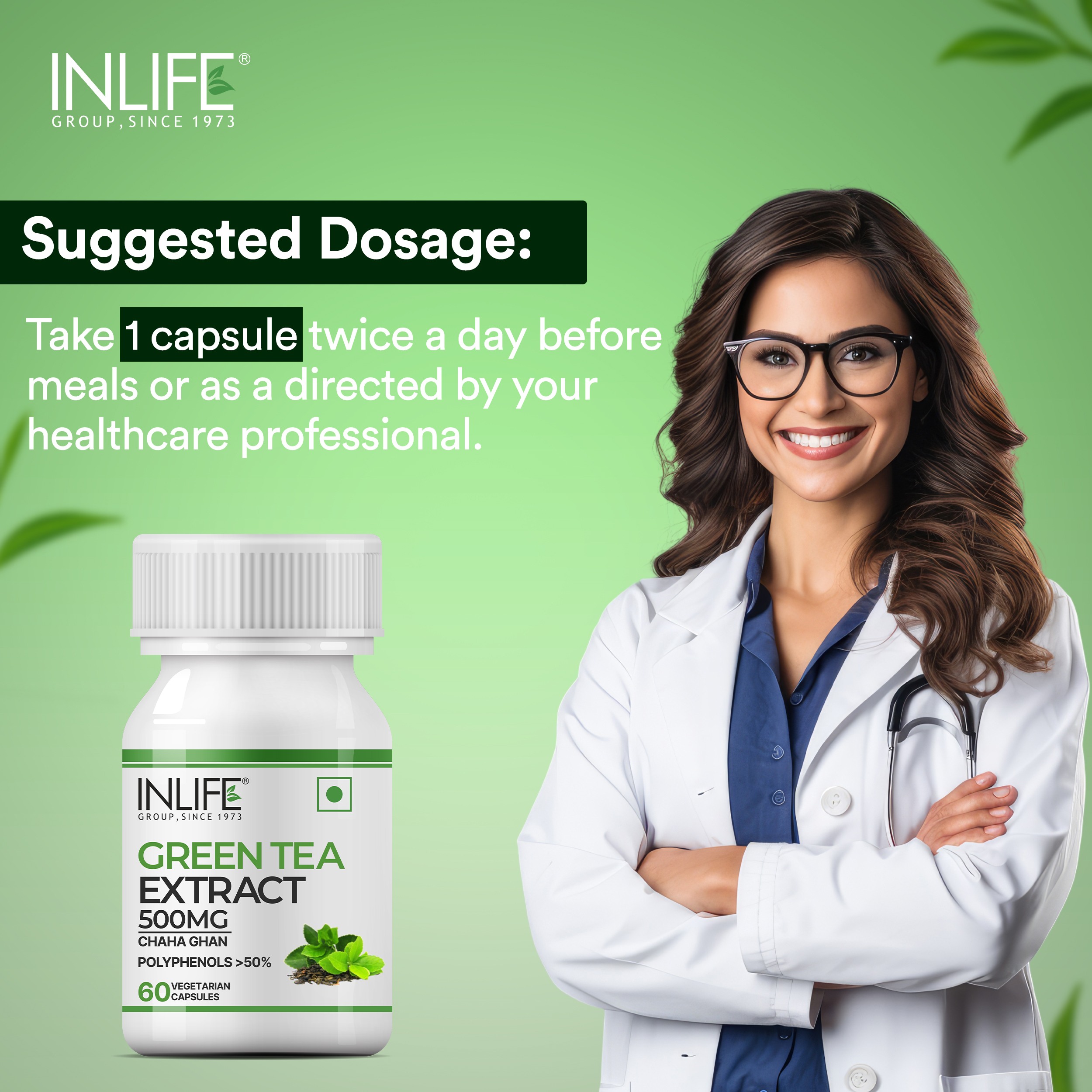 Inlife | Green Tea Extract Capsules | Standardised to 50% Polyphenols | Antioxidant | 60 Veg Cap