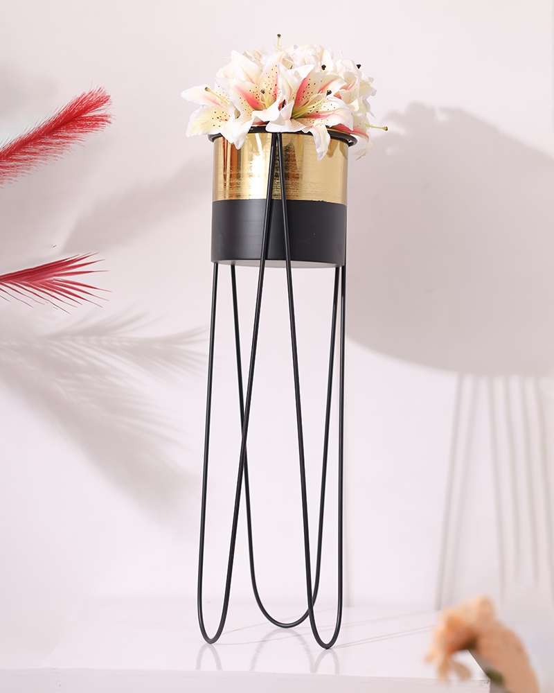 Order Happiness Metal Gold Round Flower Vase With Black Stand Without Flower  For Home Decoration Living Room  Office   Set Of 3
