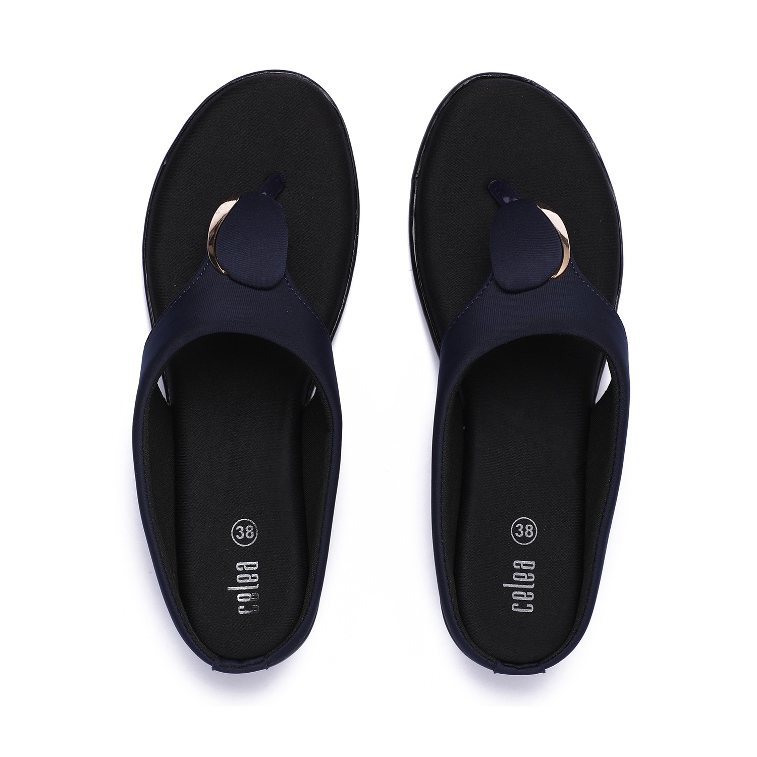 Women Navy Blue Wedge Thong Sandals with Gold Accent