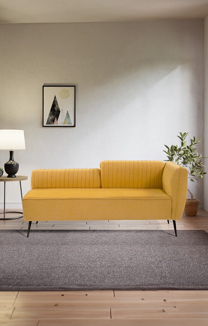neudot Diva RHS Sofa Chaise Lounger with Black Legs for Living Room|Bedroom|2 Person Sofa|Diwan|Premium Fabric | Solid Wood Frame|2 Seater (Colour : Husky Yellow (DIY))