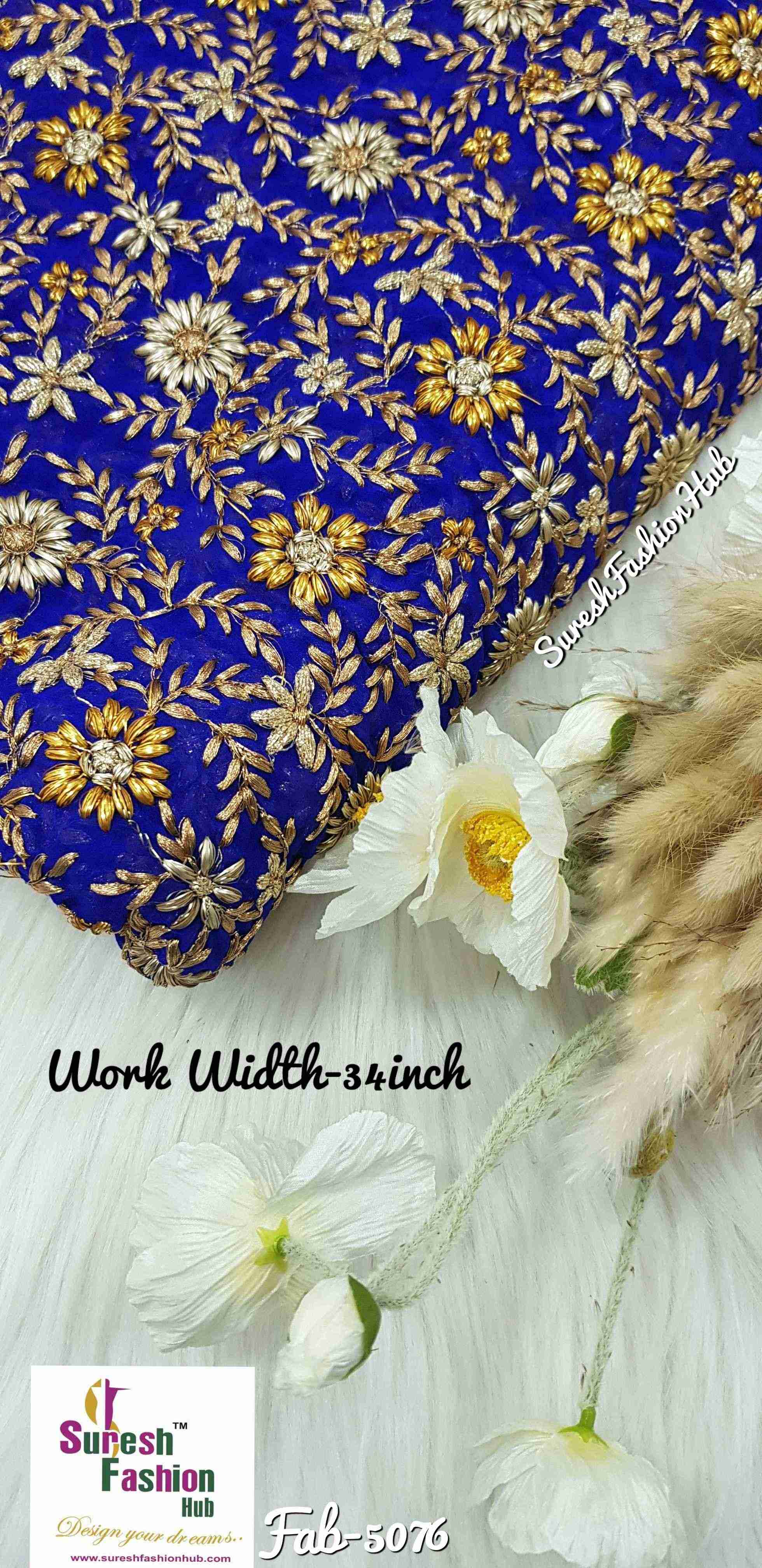 Royal Blue Chiffon Chappatique Embroidered Fabric