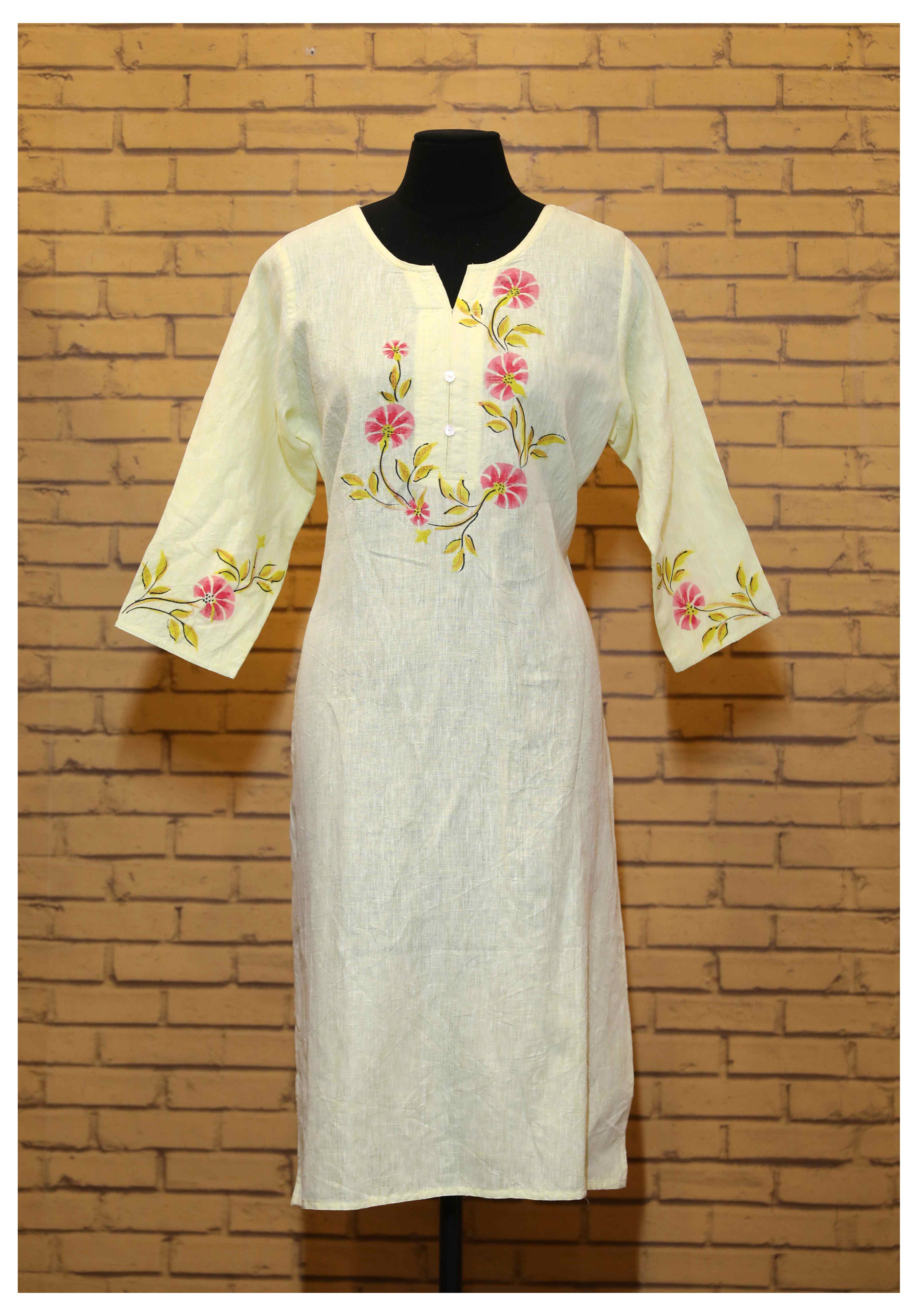 Ladies Linen Long Handpainted Tunic Kurti-Yellow