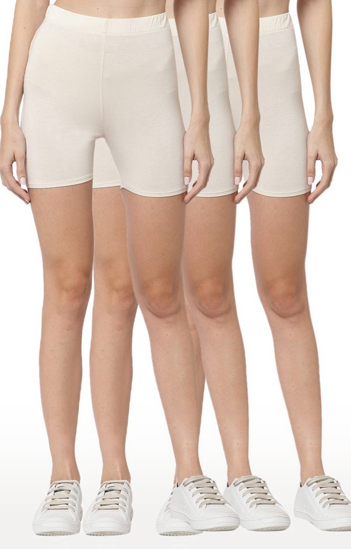 YOONOY | Women's Cream Lycra Solid Shorts (Pack of 3)