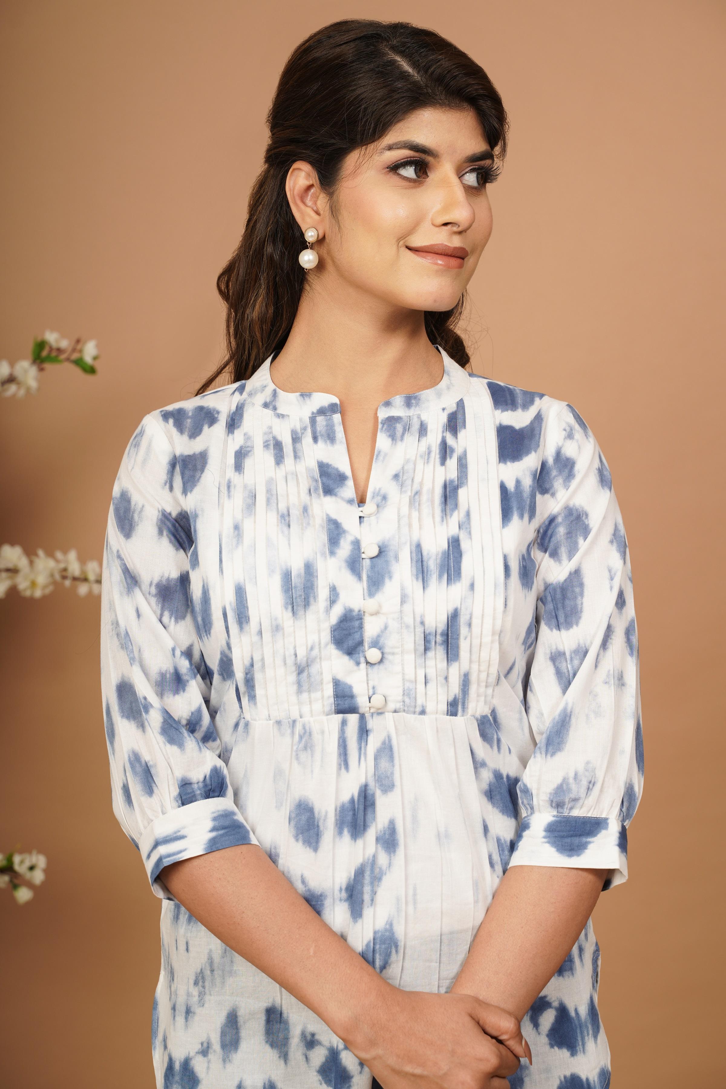 White tie dye Pintex Cotton Short Kurti
