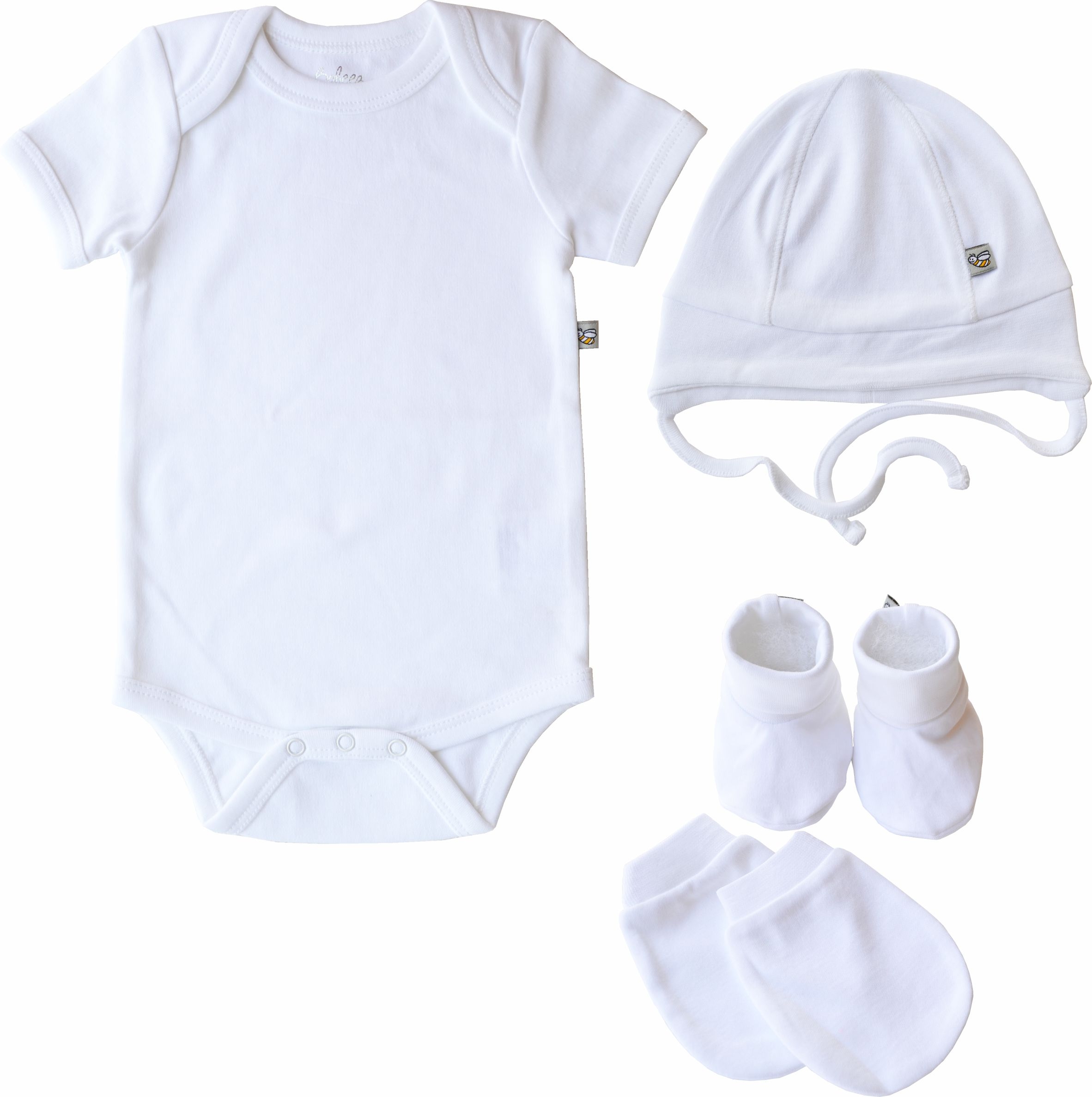 Baby Romper/Onesie White+Cap+Mitten Booties combo Set (100% Cotton)