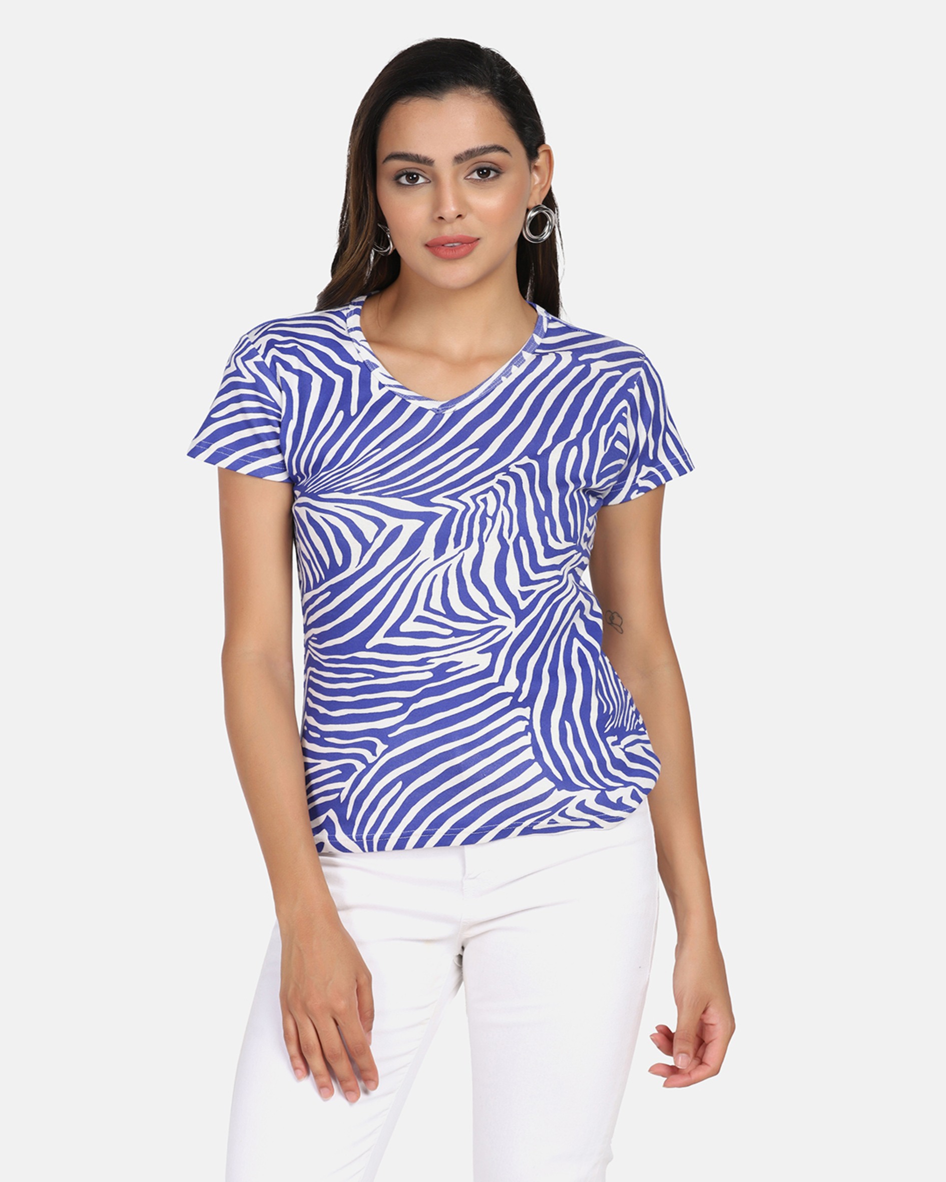 Abstract Blue Print V Neck Cotton 2/2 Rib T Shirt