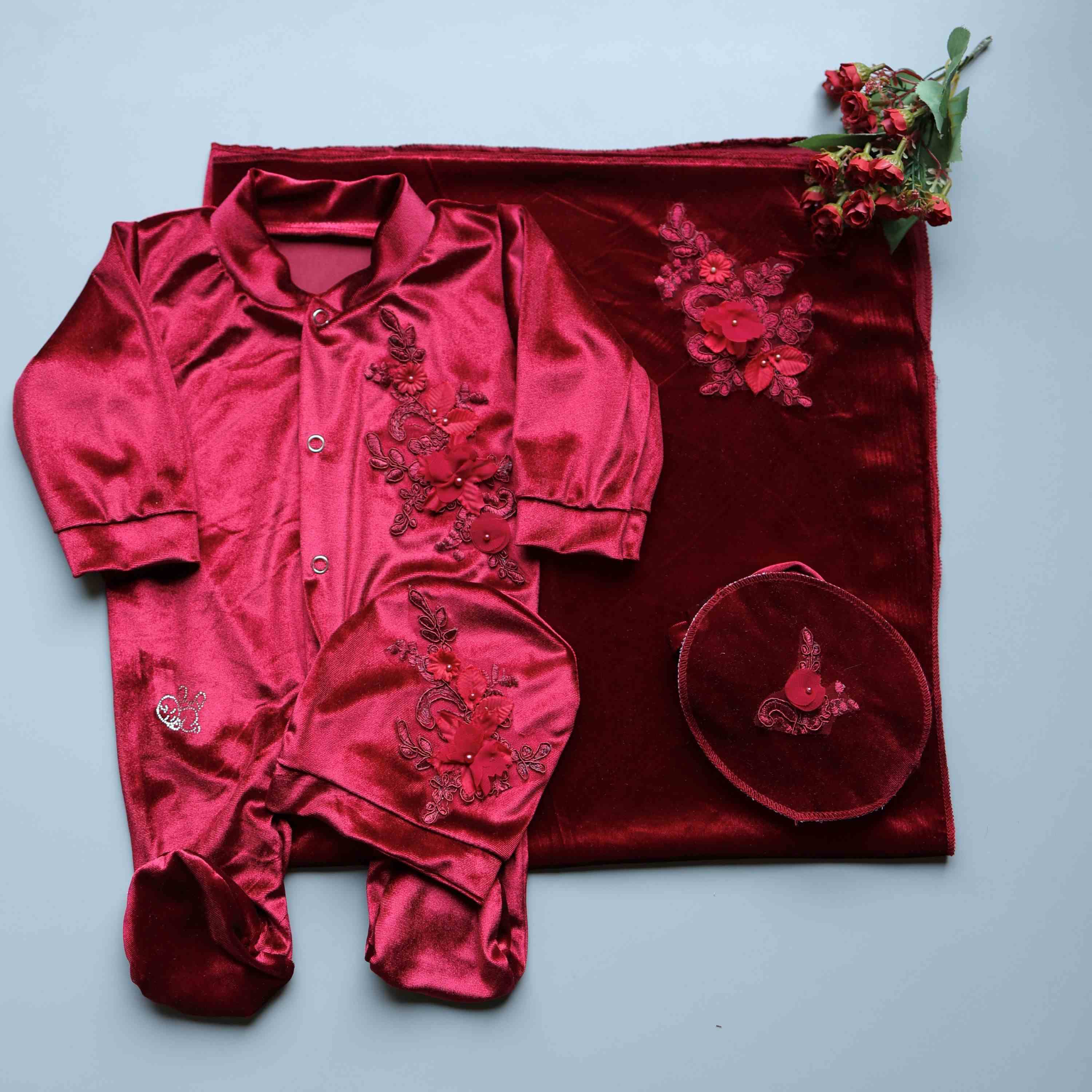 Scarlet Bloom Velvet Baby Set