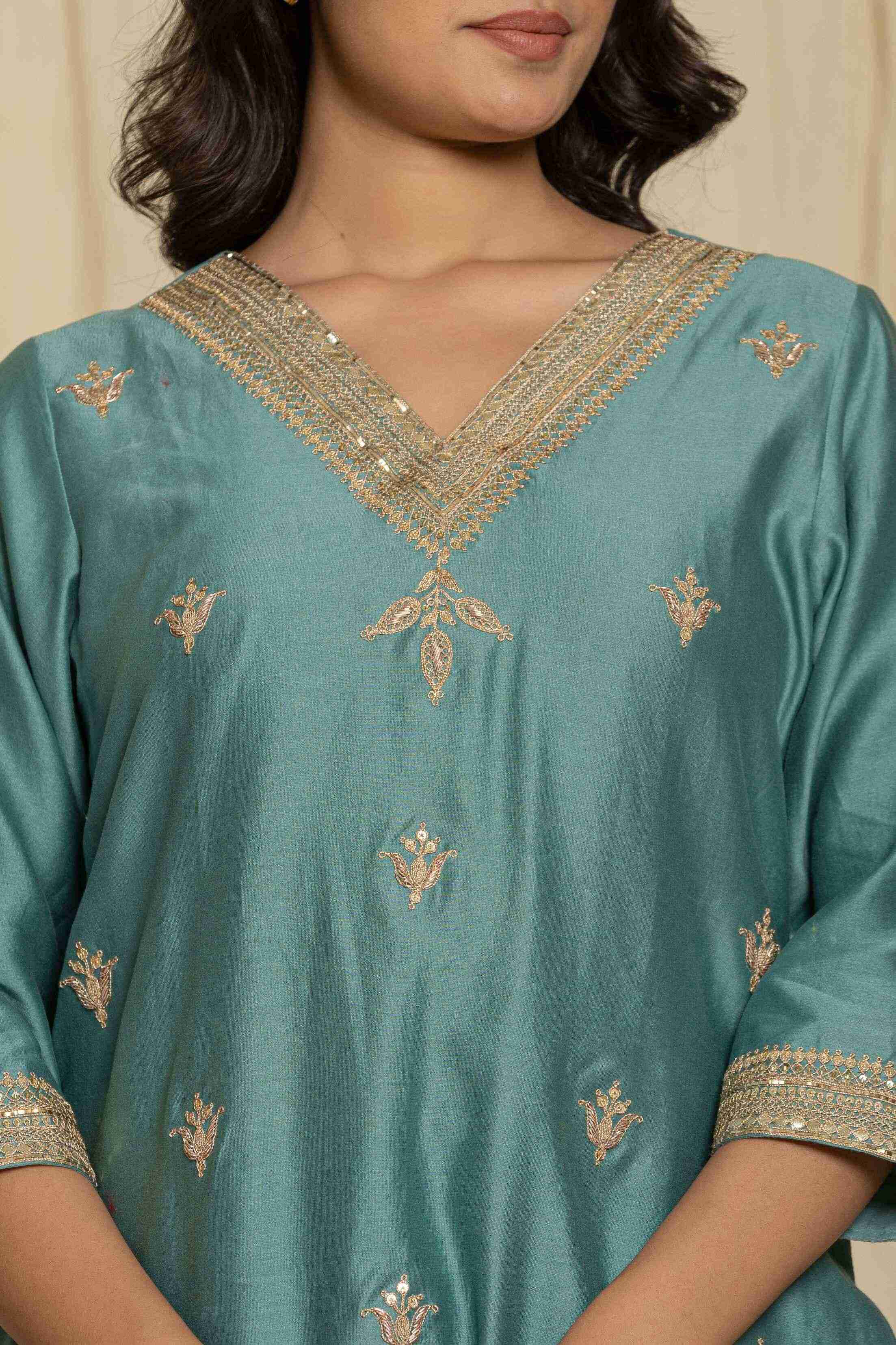 Teal blue handwork kurta with tulip pant