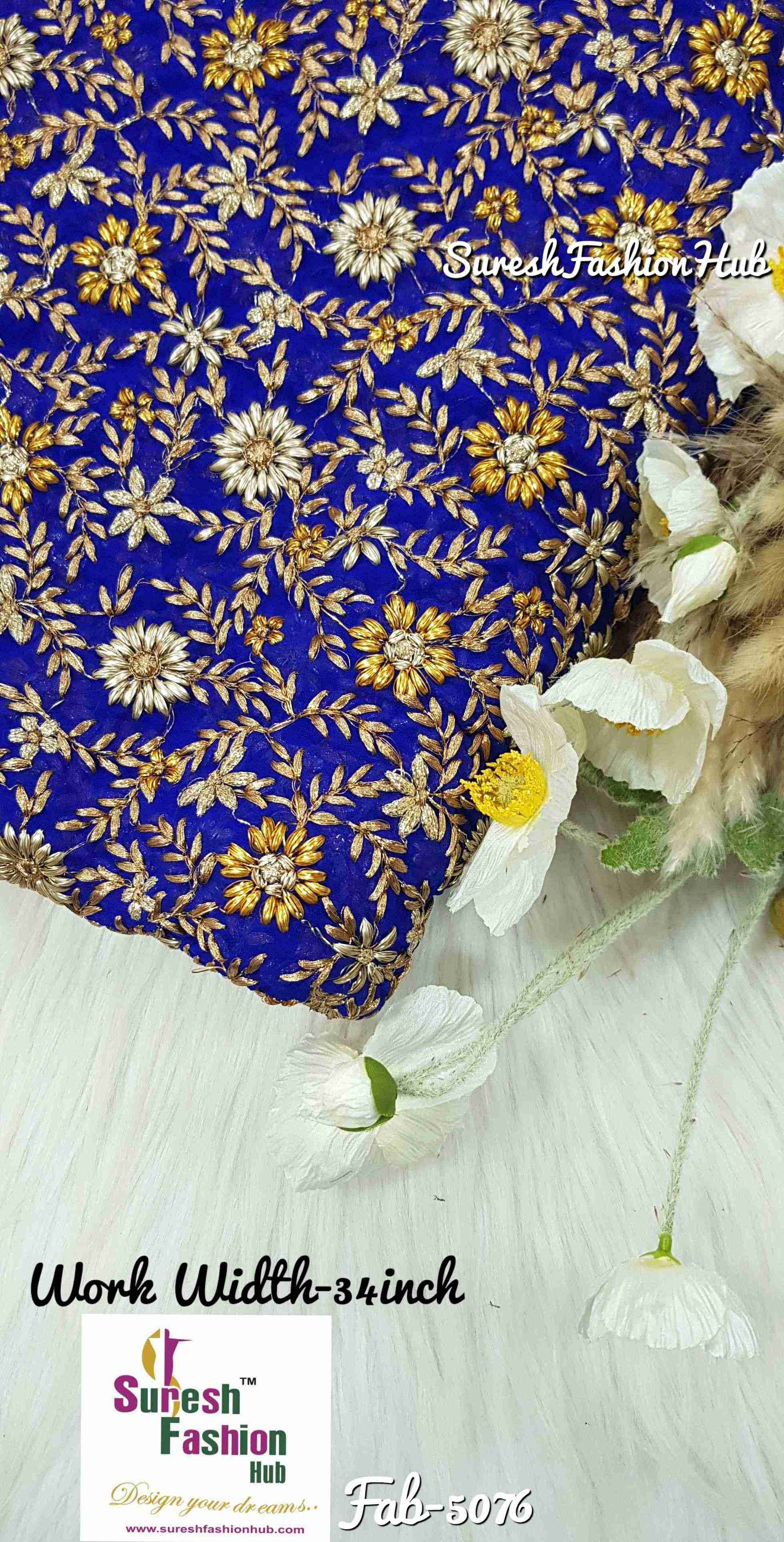 Royal Blue Chiffon Chappatique Embroidered Fabric