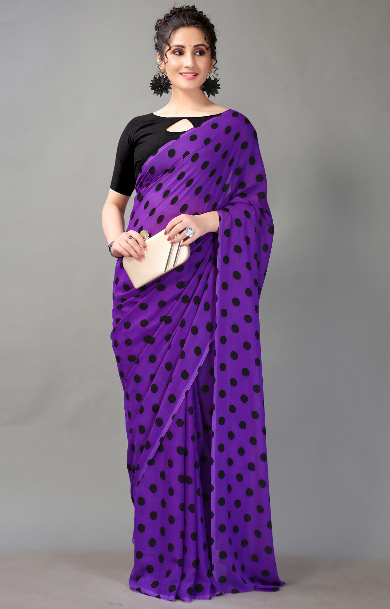 Women's Purple Poly Georgette Polka Dot/Geometric Print Saree-HAL23RYN00043PRPL