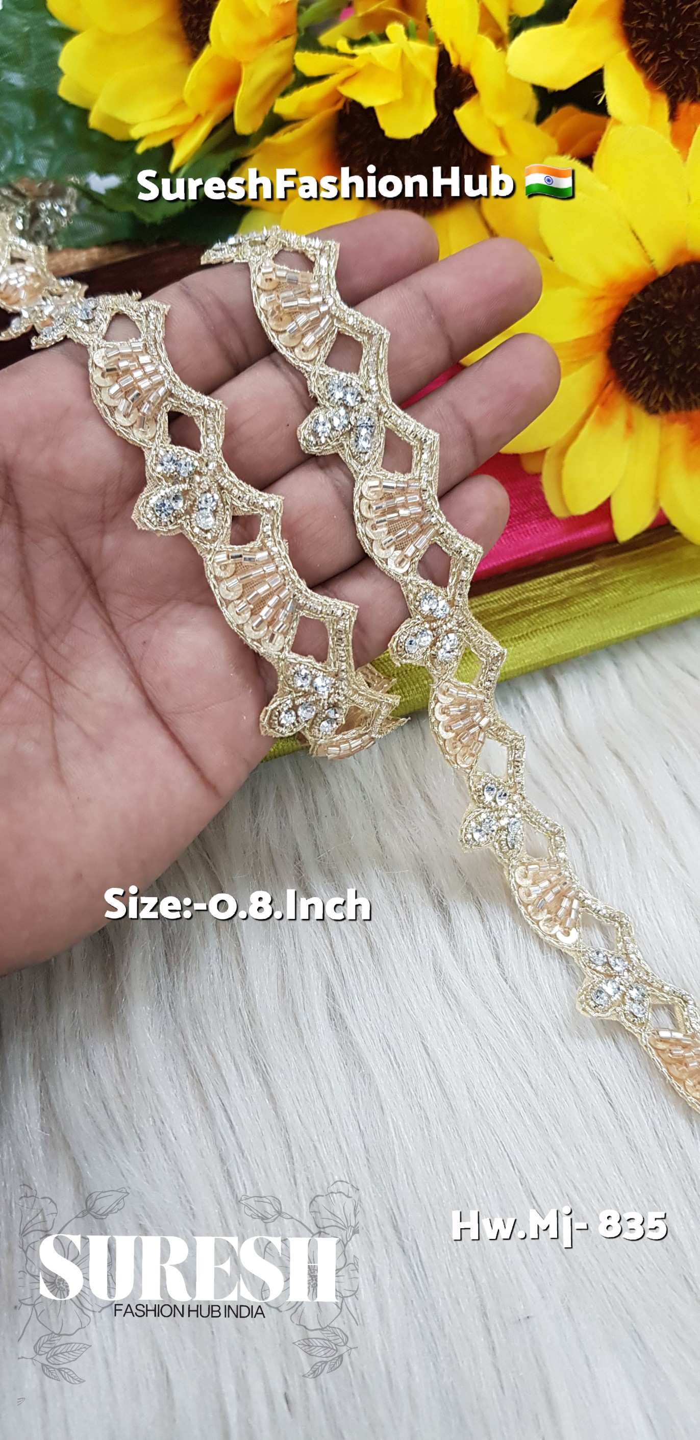 Gold with Rhinestones Double Side Cutwork Handmade Border – Mj-835