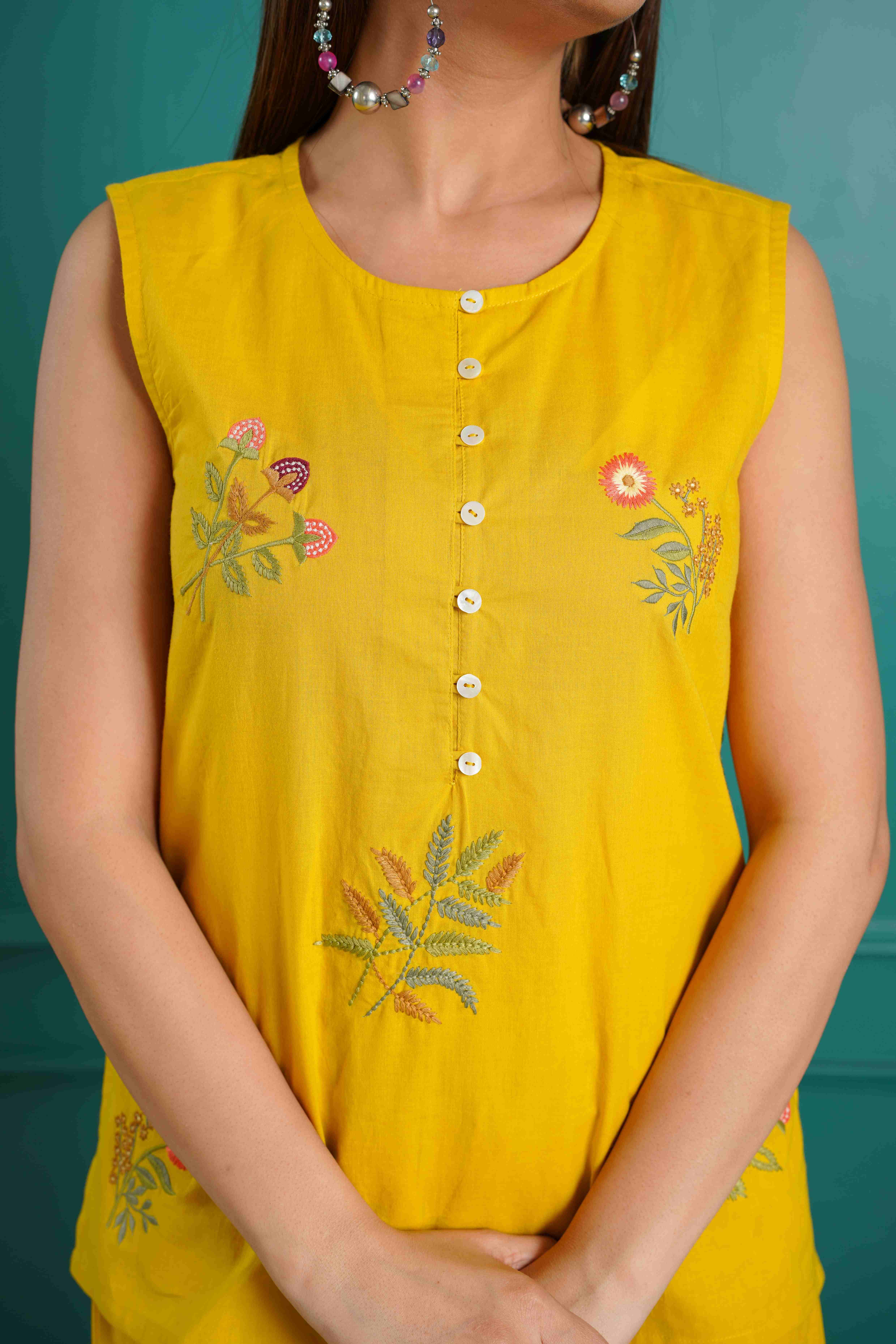 MUSTARD FLORAL EMBROIDERED COTTON CO-ORD SET