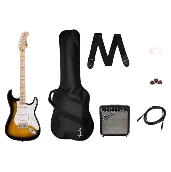 Fender 0371720403 Squier Sonic Stratocaster بلوحة أصابع من القيقب، لون Sunburst ثنائي الدرجات، مع حقيبة حمل، طقم جيتار كهربائي 1