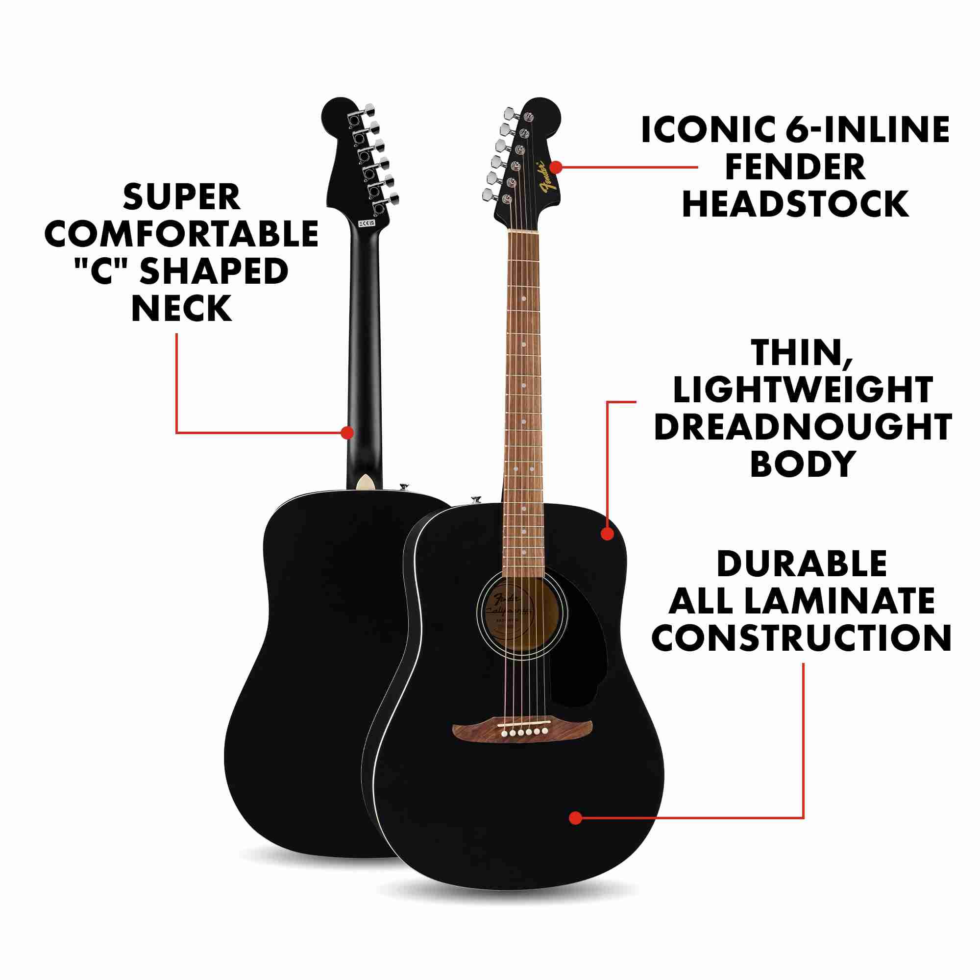 Fender California Debut Redondo جيتار أكوستيك بستة أوتار، أسود ساتان 2