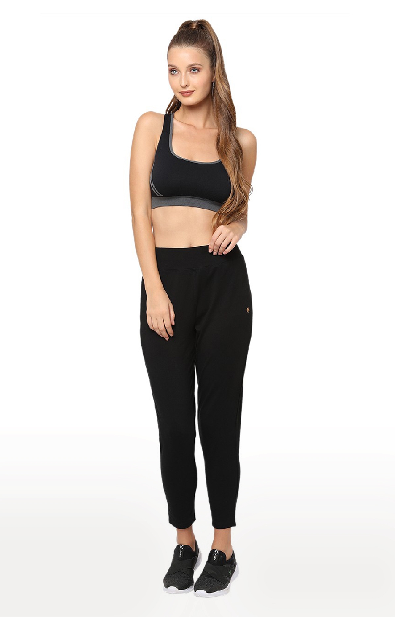 Maysixty Women's Black Cotton Spandex Solid Yoga Pant