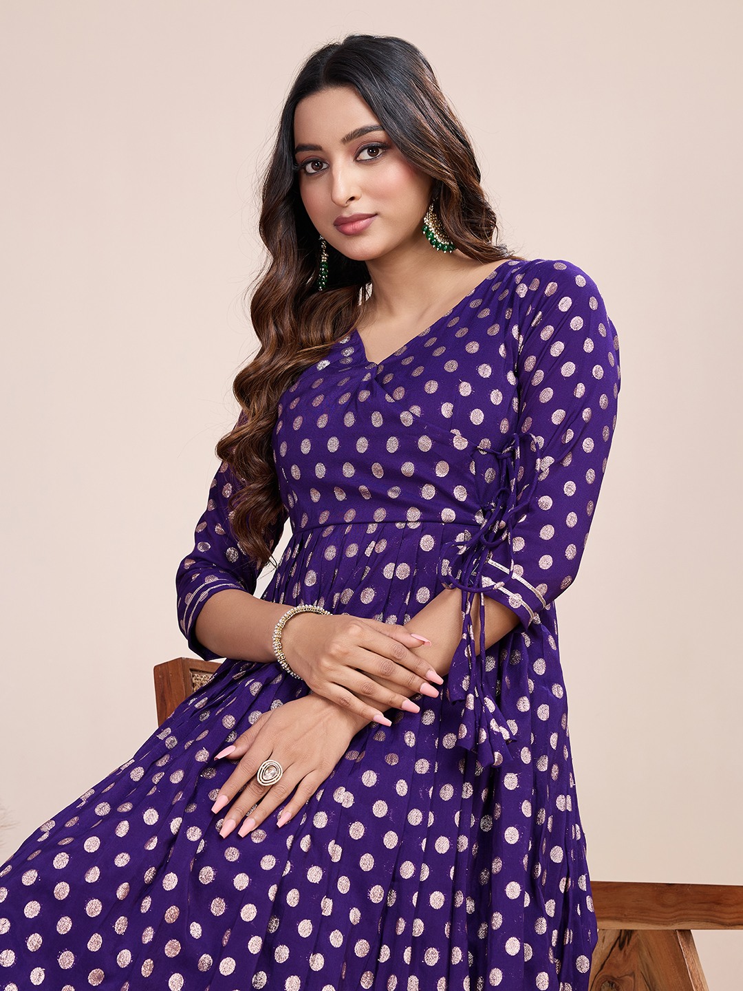 Tasarika Women Ethnic Viscose Violet V-Neck 3/4th Sleeve Full Length ethnic dress 2022_Violet