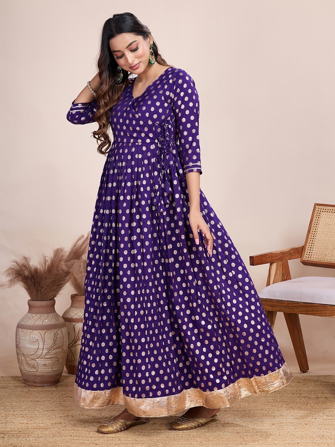 Tasarika Women Ethnic Viscose Violet V-Neck 3/4th Sleeve Full Length ethnic dress 2022_Violet