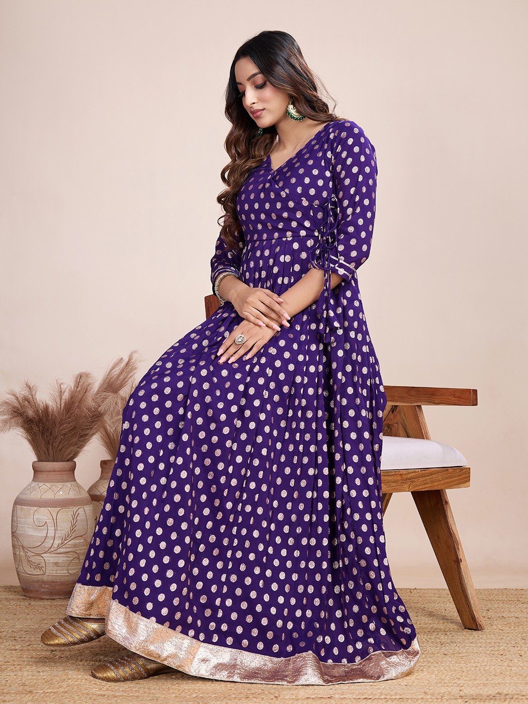 Tasarika Women Ethnic Viscose Violet V-Neck 3/4th Sleeve Full Length ethnic dress 2022_Violet